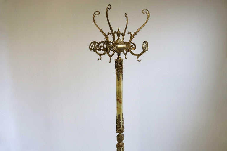 Mid-Century Italian Brass Marble Luxury Coat Rack Hall Tree 1950s Ornate Onyx For Sale 2