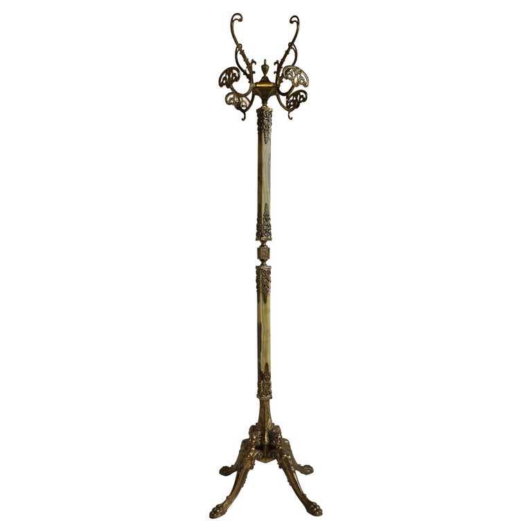 Mid-Century Italian Brass Marble Luxury Coat Rack Hall Tree 1950s Ornate Onyx For Sale