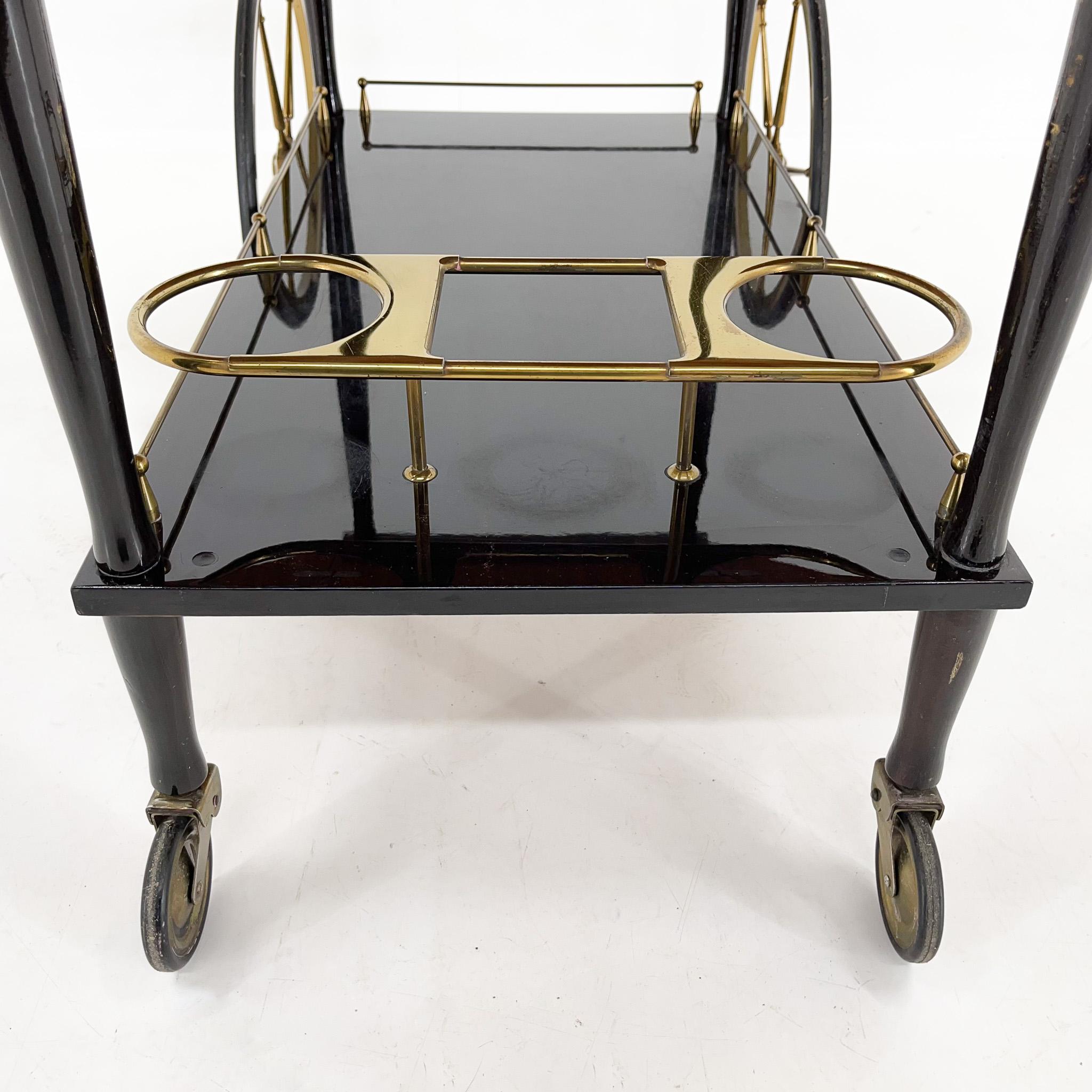 Mid-century Italian Brass & Stained Mahogany in High Gloss Finish Bar Cart For Sale 3