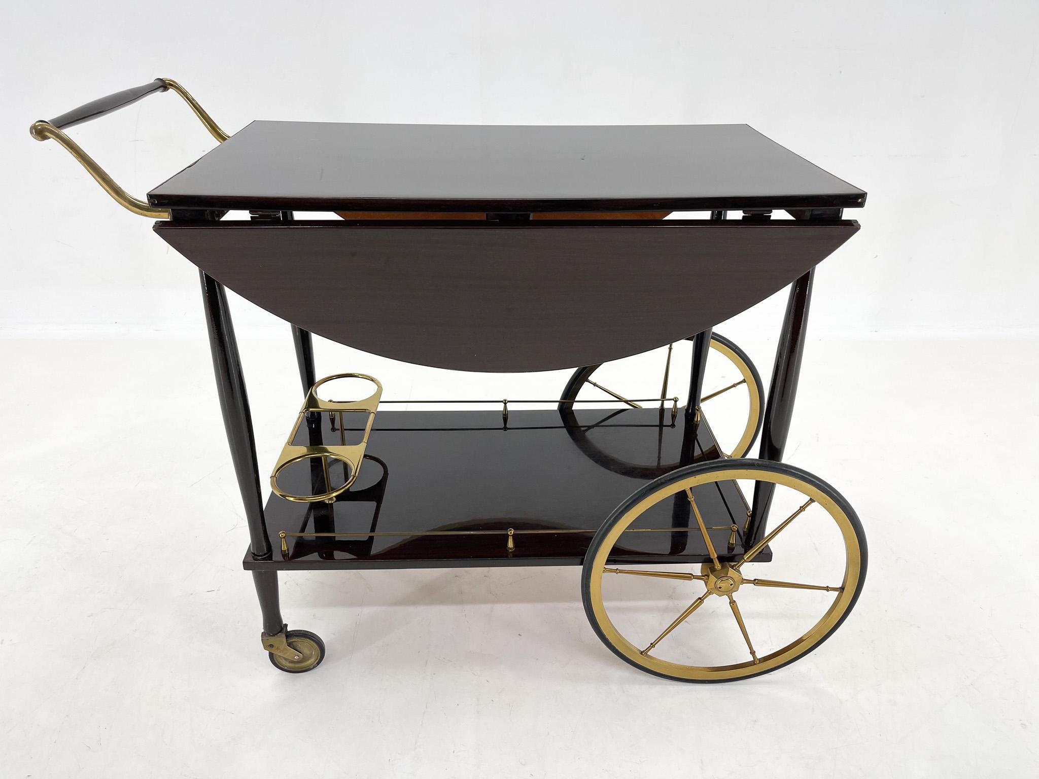 20th Century Mid-century Italian Brass & Stained Mahogany in High Gloss Finish Bar Cart For Sale
