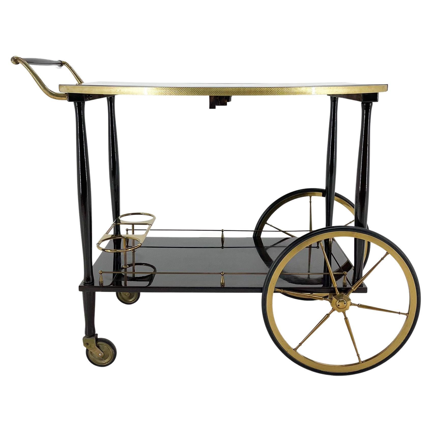 Mid-century Italian Brass & Stained Mahogany in High Gloss Finish Bar Cart