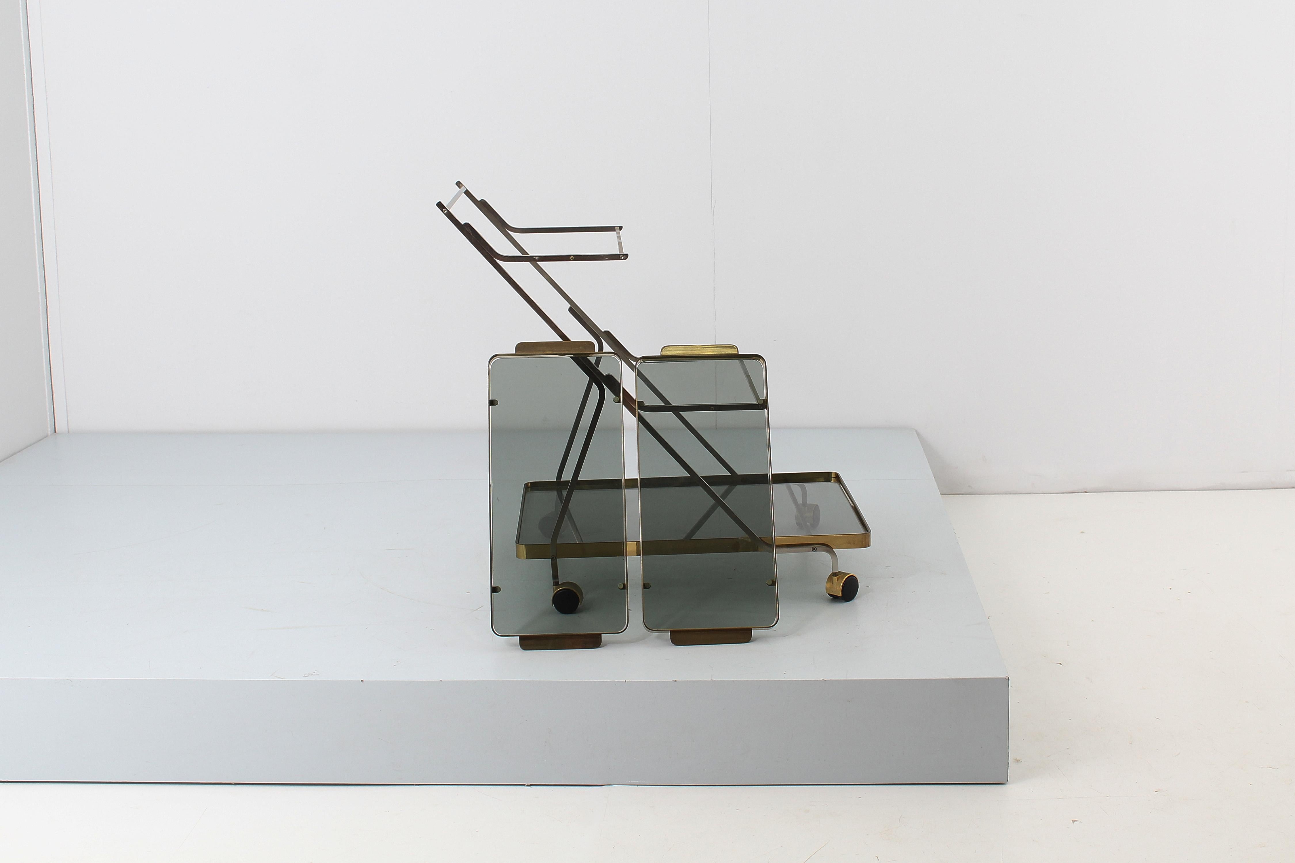 Mid-Century Italian Brass, Steel and Smoked Glass Bar Cart, 1970s For Sale 7