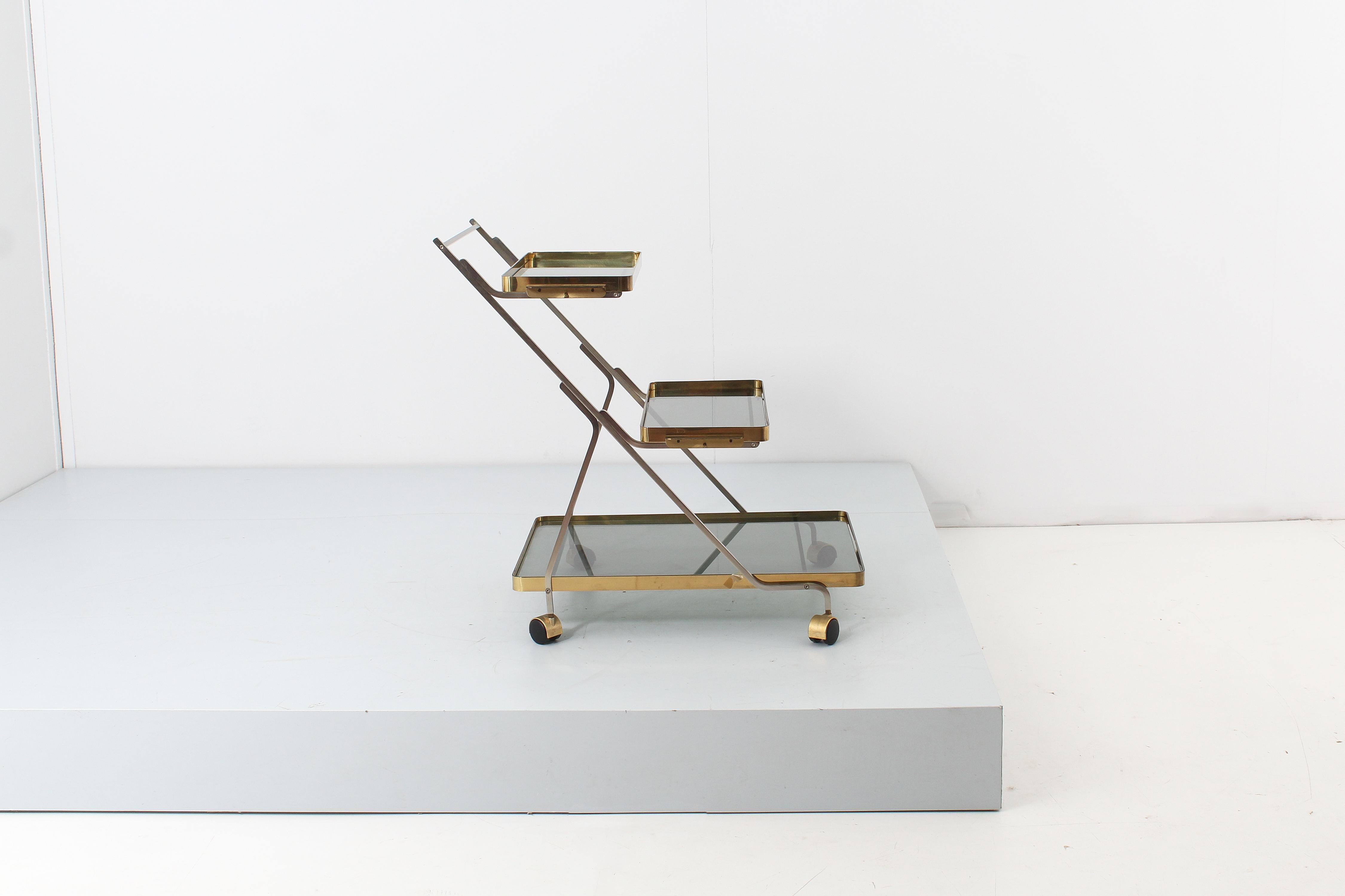 Mid-Century Modern Mid-Century Italian Brass, Steel and Smoked Glass Bar Cart, 1970s For Sale