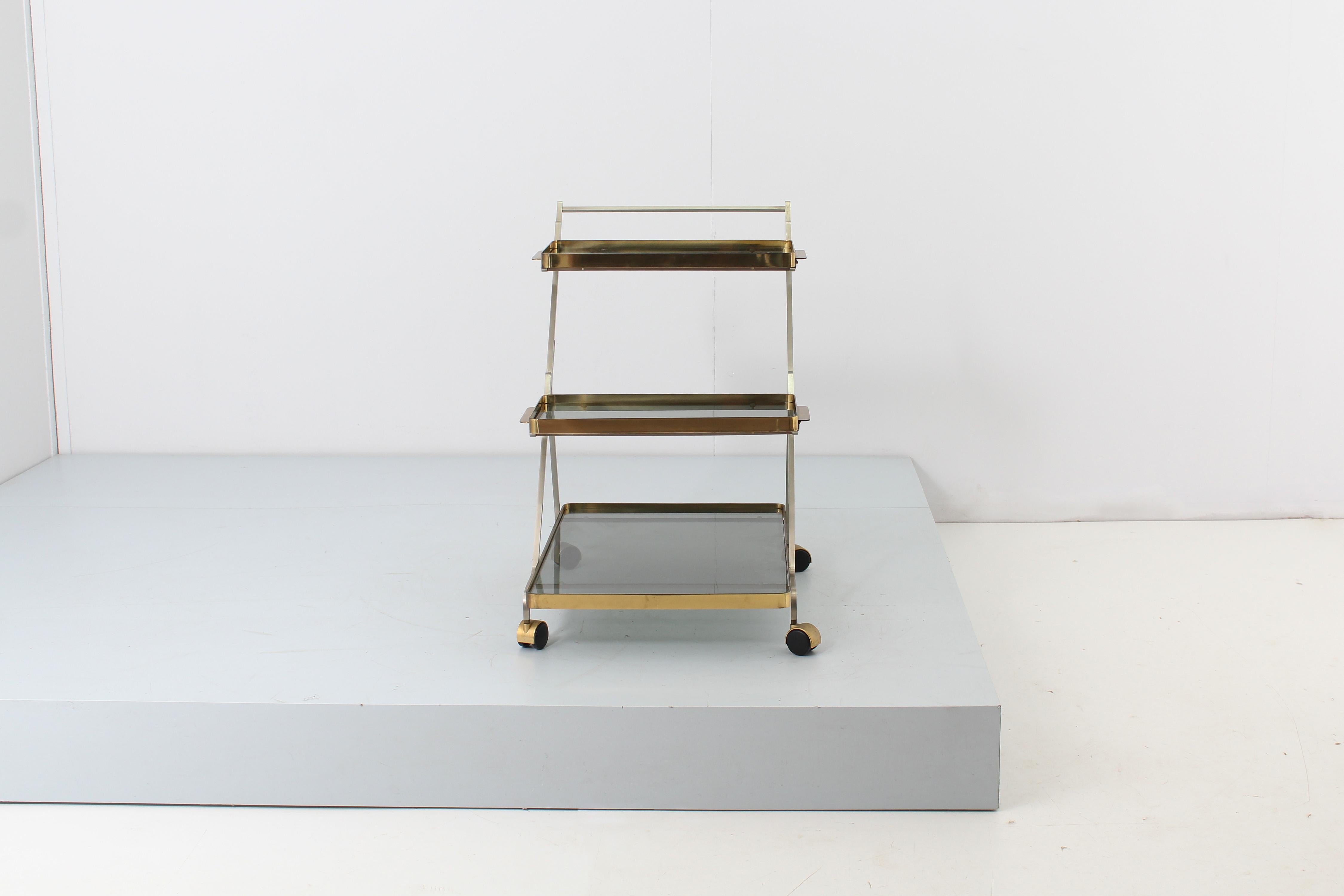 Late 20th Century Mid-Century Italian Brass, Steel and Smoked Glass Bar Cart, 1970s For Sale