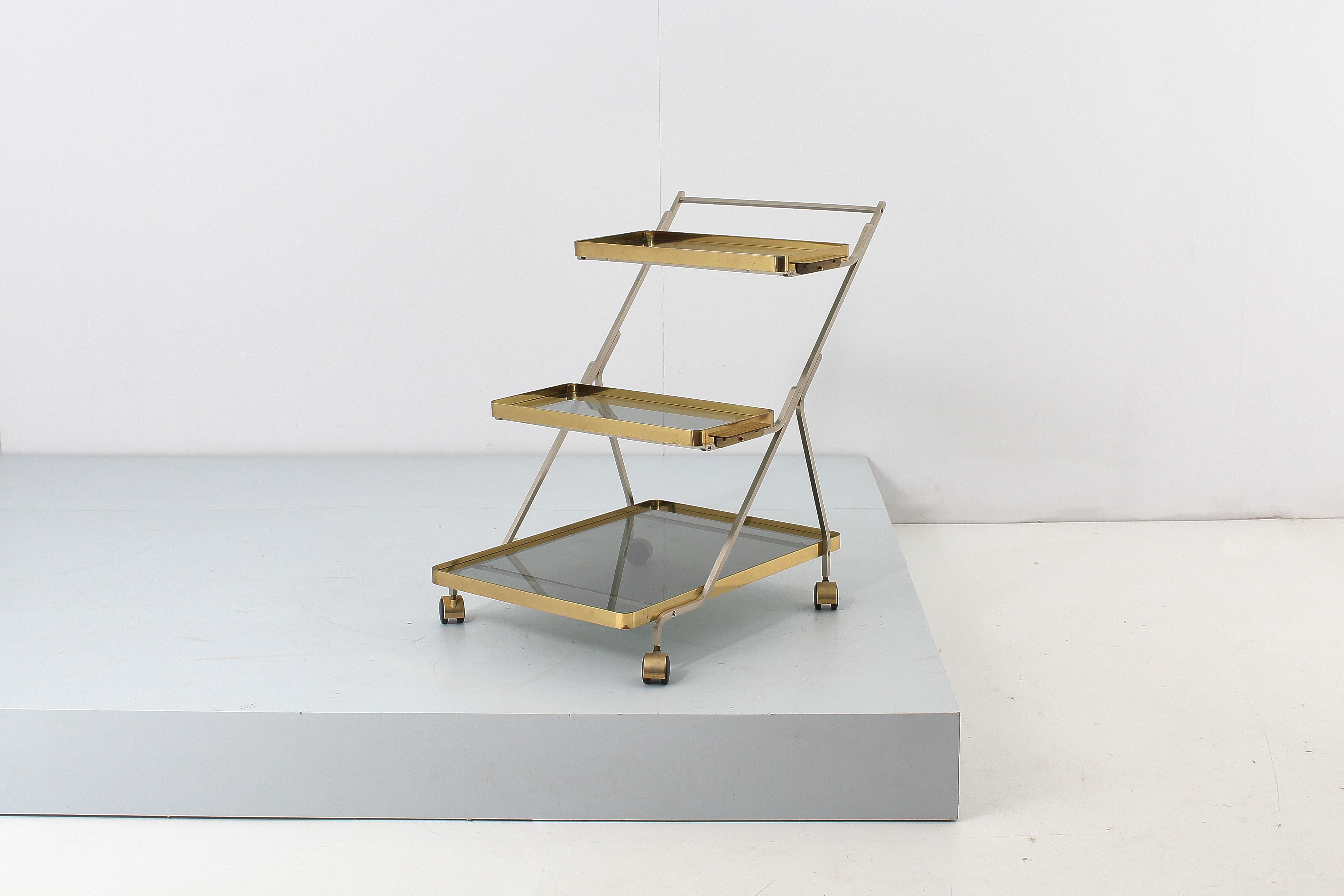 Mid-Century Italian Brass, Steel and Smoked Glass Bar Cart, 1970s For Sale 1