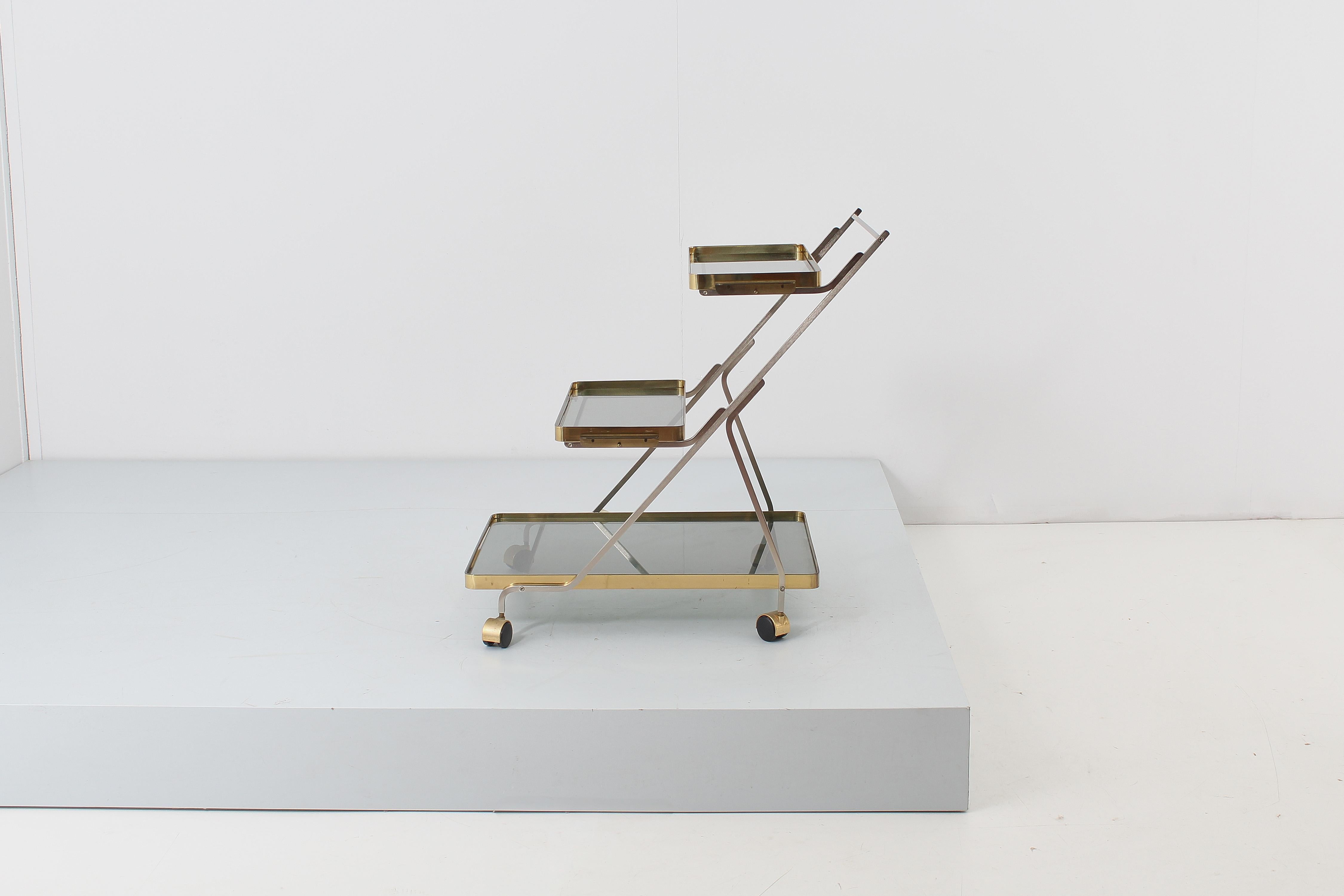 Mid-Century Italian Brass, Steel and Smoked Glass Bar Cart, 1970s For Sale 2