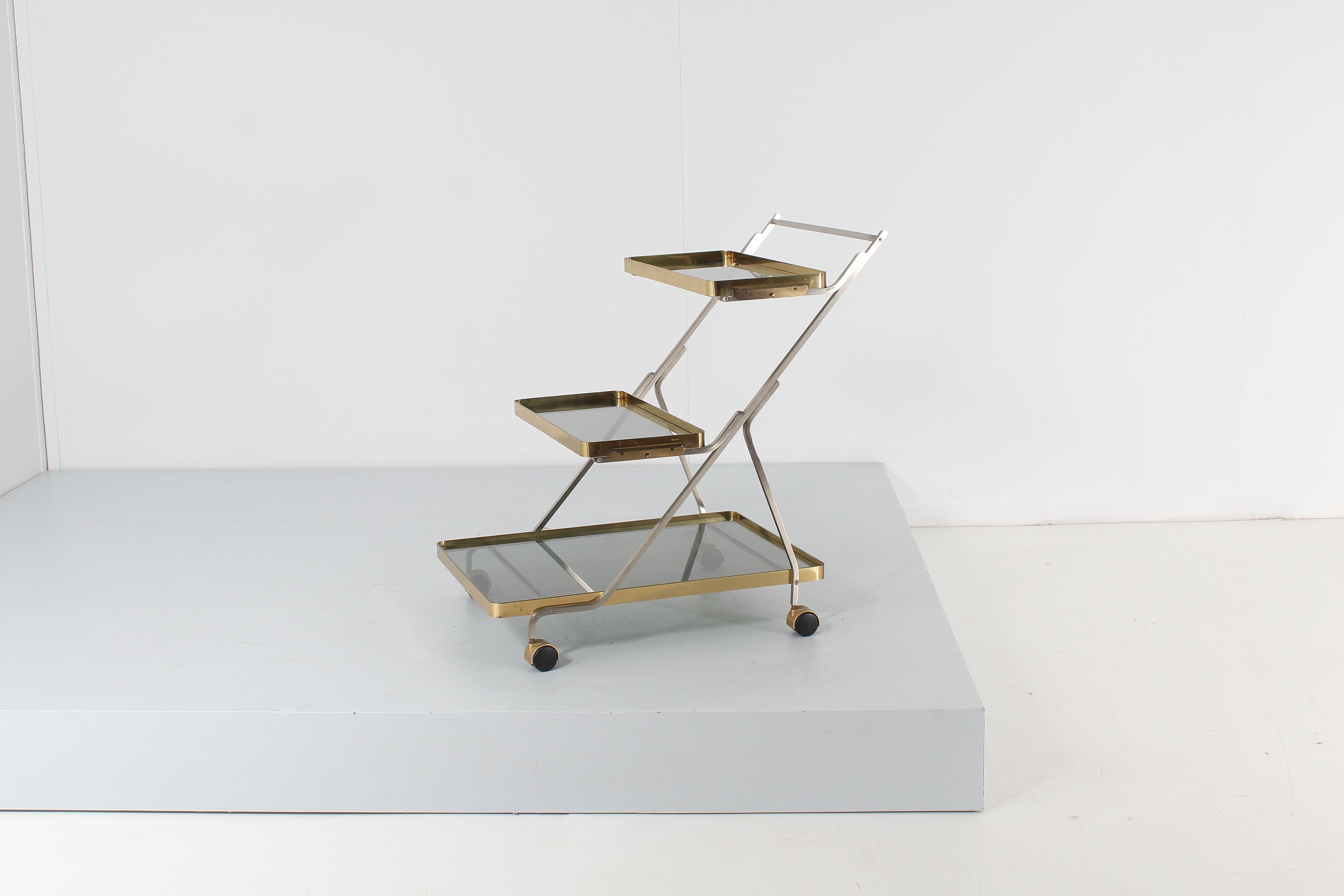 Mid-Century Italian Brass, Steel and Smoked Glass Bar Cart, 1970s For Sale 3