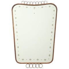 Mid-century Italian Brass Wall Mirror Etched Glass and Ring Decorations, 1950s