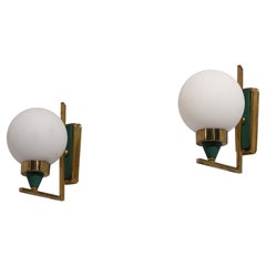 Mid-Century Italian Brass Wall Sconces with Opaline Globes