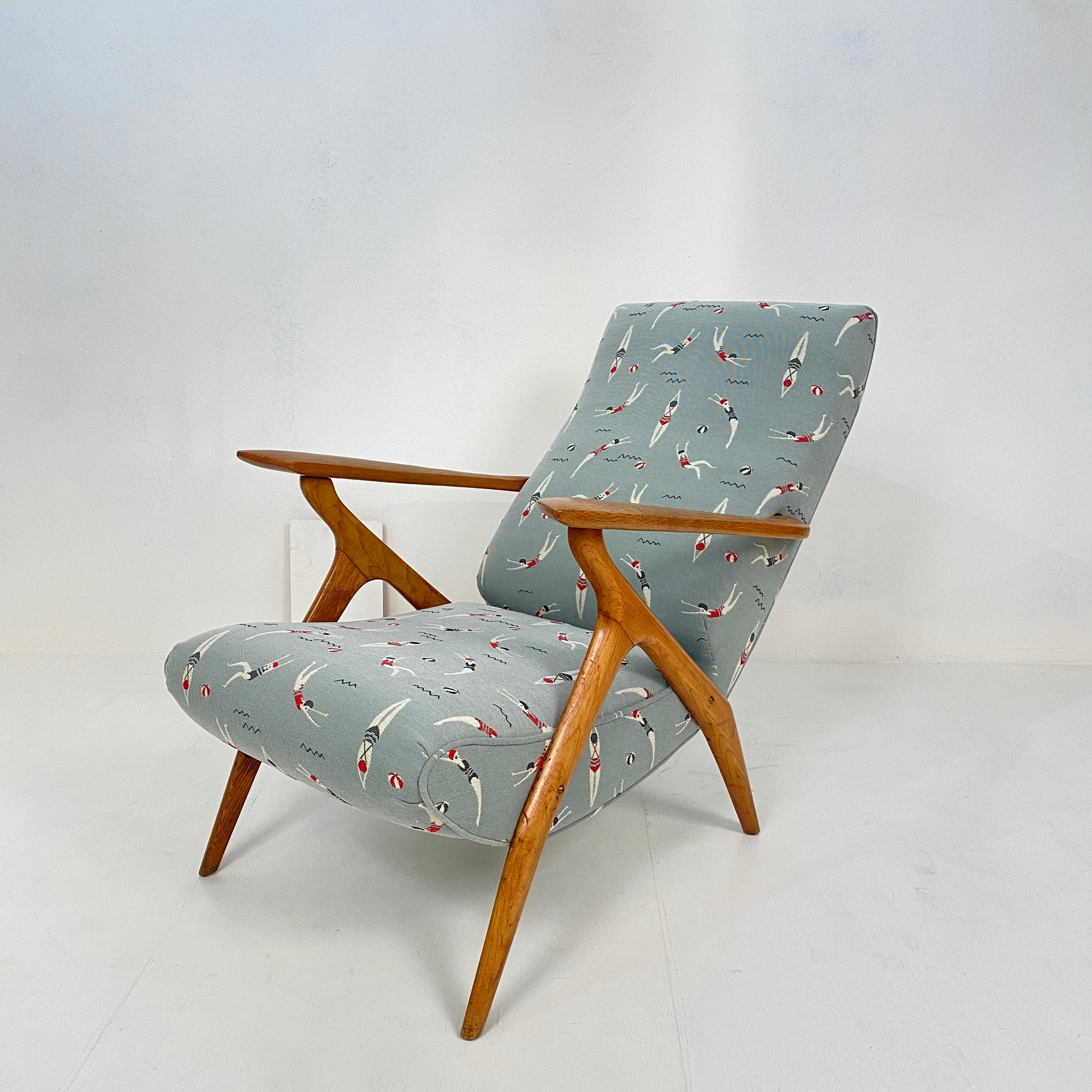 Mid-Century Modern Midcentury Italian Brown Ash Lounge Chair by Antonio Gorgone Reupholstered, 1951