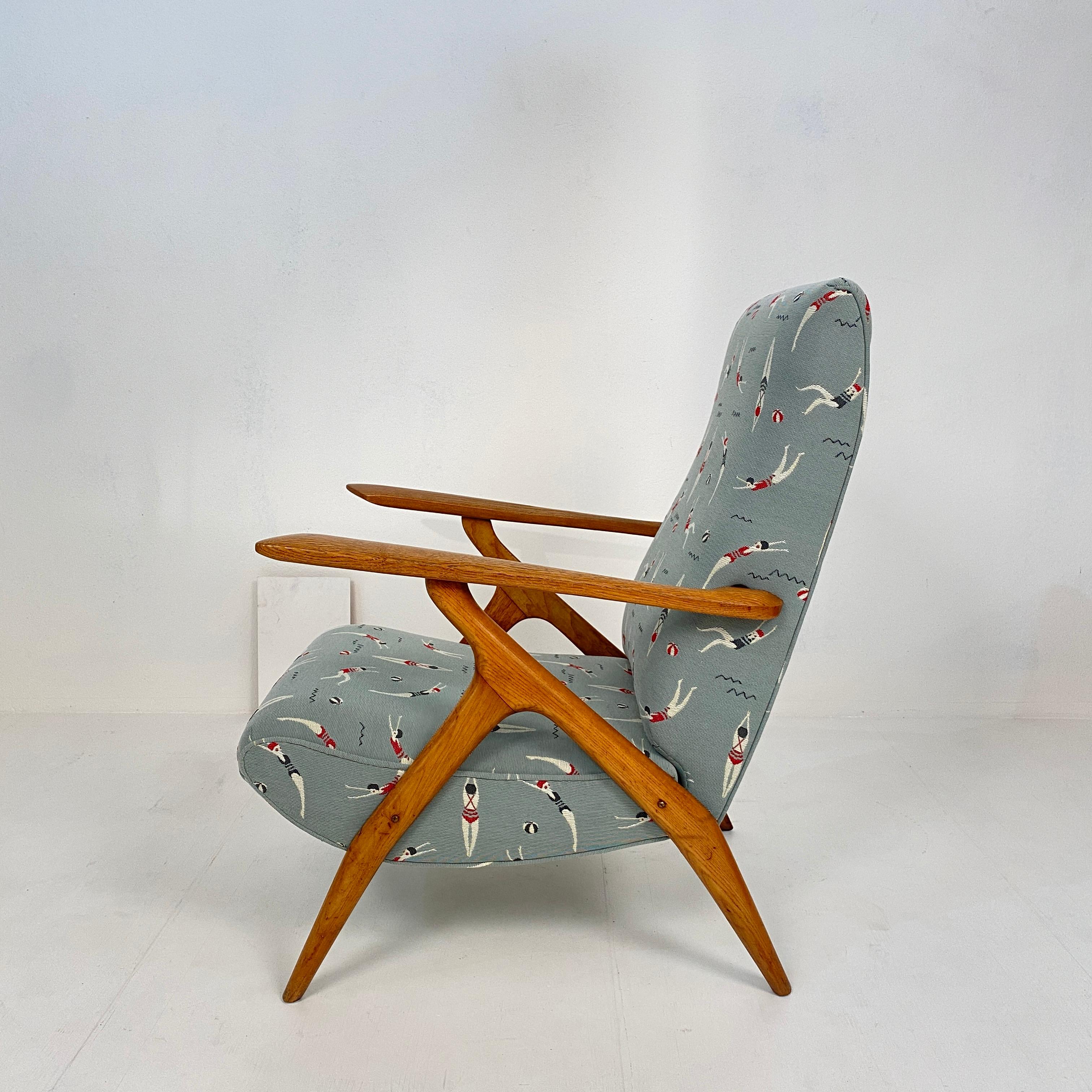 Mid-20th Century Midcentury Italian Brown Ash Lounge Chair by Antonio Gorgone Reupholstered, 1951