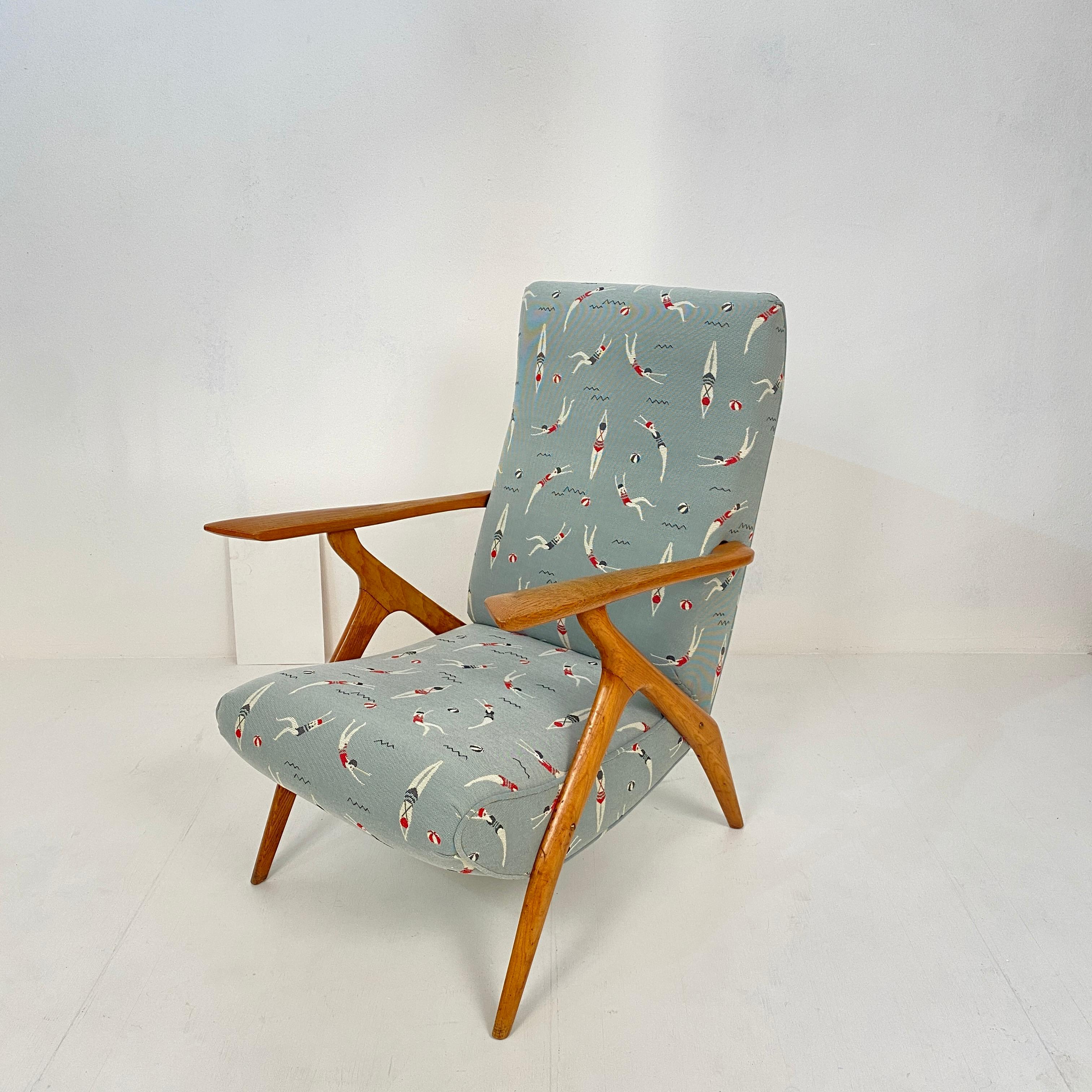 Upholstery Midcentury Italian Brown Ash Lounge Chair by Antonio Gorgone Reupholstered, 1951