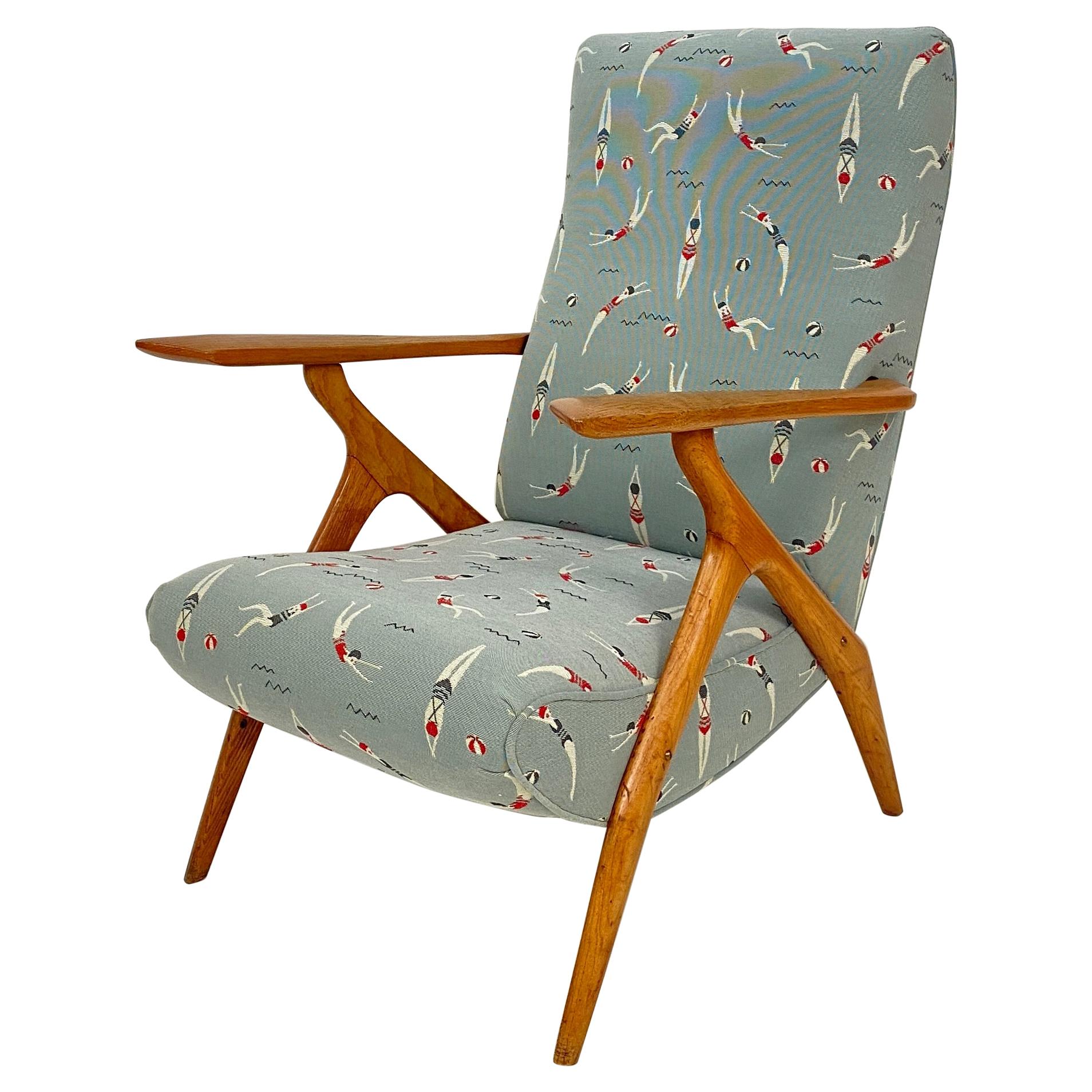 Midcentury Italian Brown Ash Lounge Chair by Antonio Gorgone Reupholstered, 1951