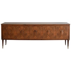 Midcentury Italian Brown Sideboard in Walnut and Marquetry Style of Paolo Buffa