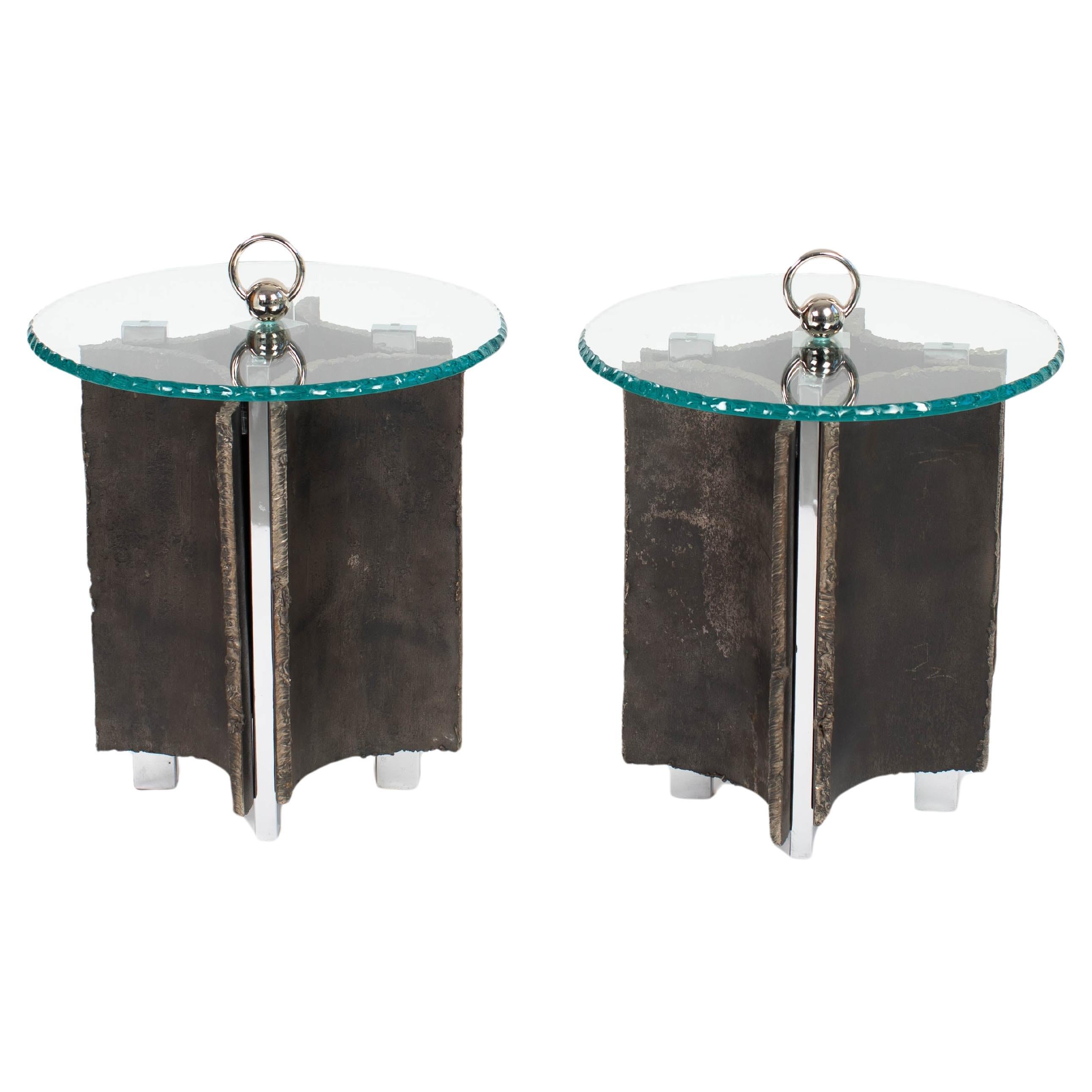 Italienische brutalistische Beistelltische aus der Mitte des Jahrhunderts aus Eisen-Glas-Nickel von Banci, Florenz im Angebot