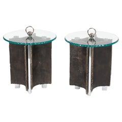 Mid-Century Italian Brutalist Side Tables Iron-Glass-Nickel by Banci, Florence
