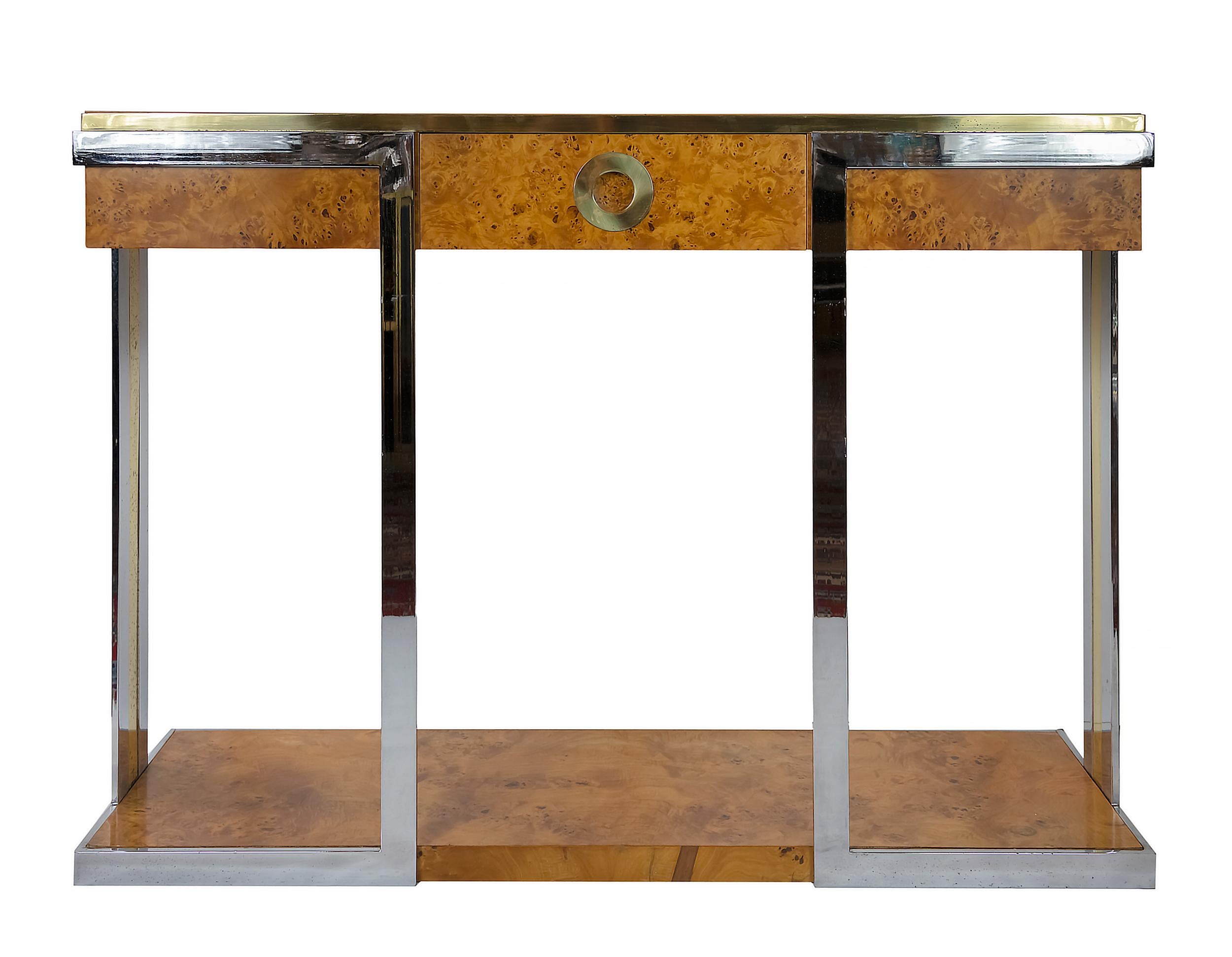 Italian vintage burl wood verneer console table by Willy Rizzo from 1970s.
The console table is decorated with brass and chrome combination, the single drawer is with brass handles.
Very good vintage condition.