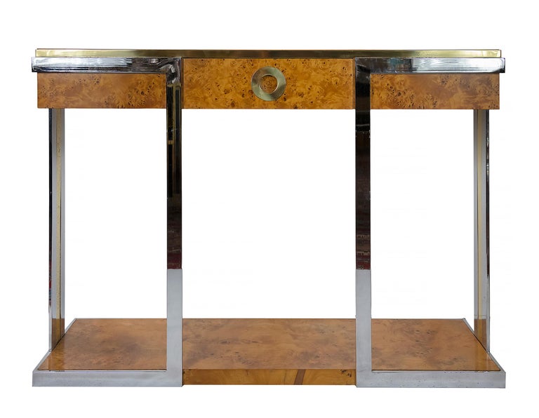 Italian vintage burl wood verneer console table by Willy Rizzo from 1970s.
The console table is decorated with brass and chrome combination, the single drawer is with brass handles.
Very good vintage condition.