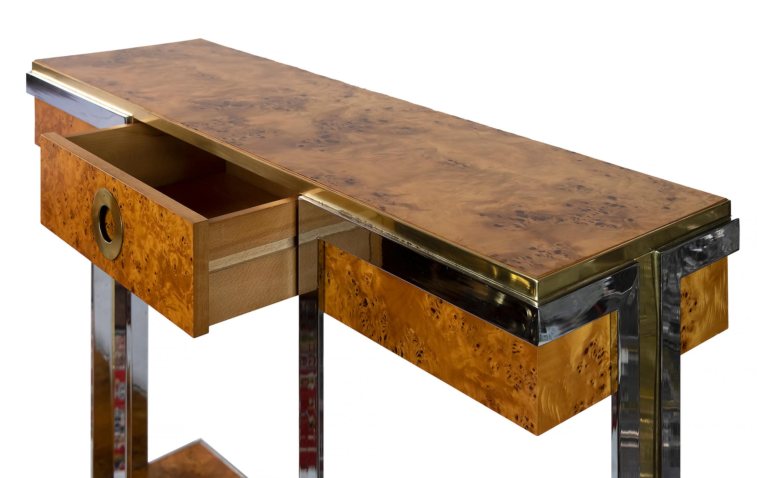 Brass Mid-Century Italian Burl Console Table by Willy Rizzo