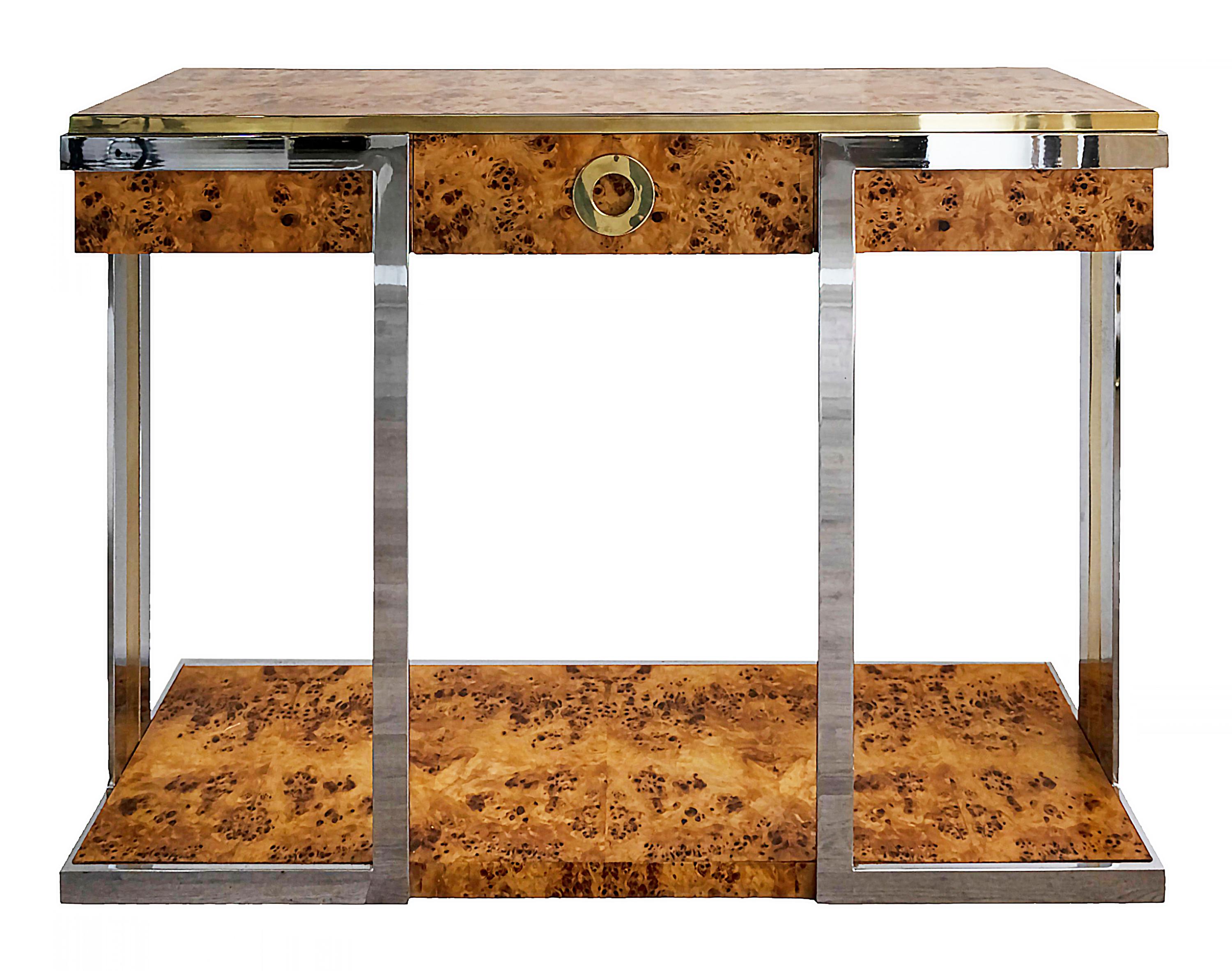 Mid-Century Modern Mid-Century Italian Burl Console Table with Mirror by Willy Rizzo, 1970's For Sale