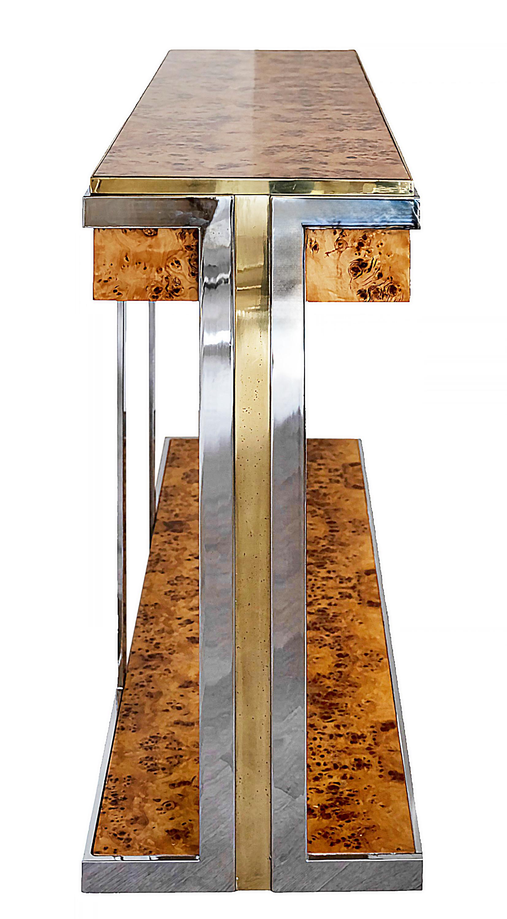 Brass Mid-Century Italian Burl Console Table with Mirror by Willy Rizzo, 1970's For Sale