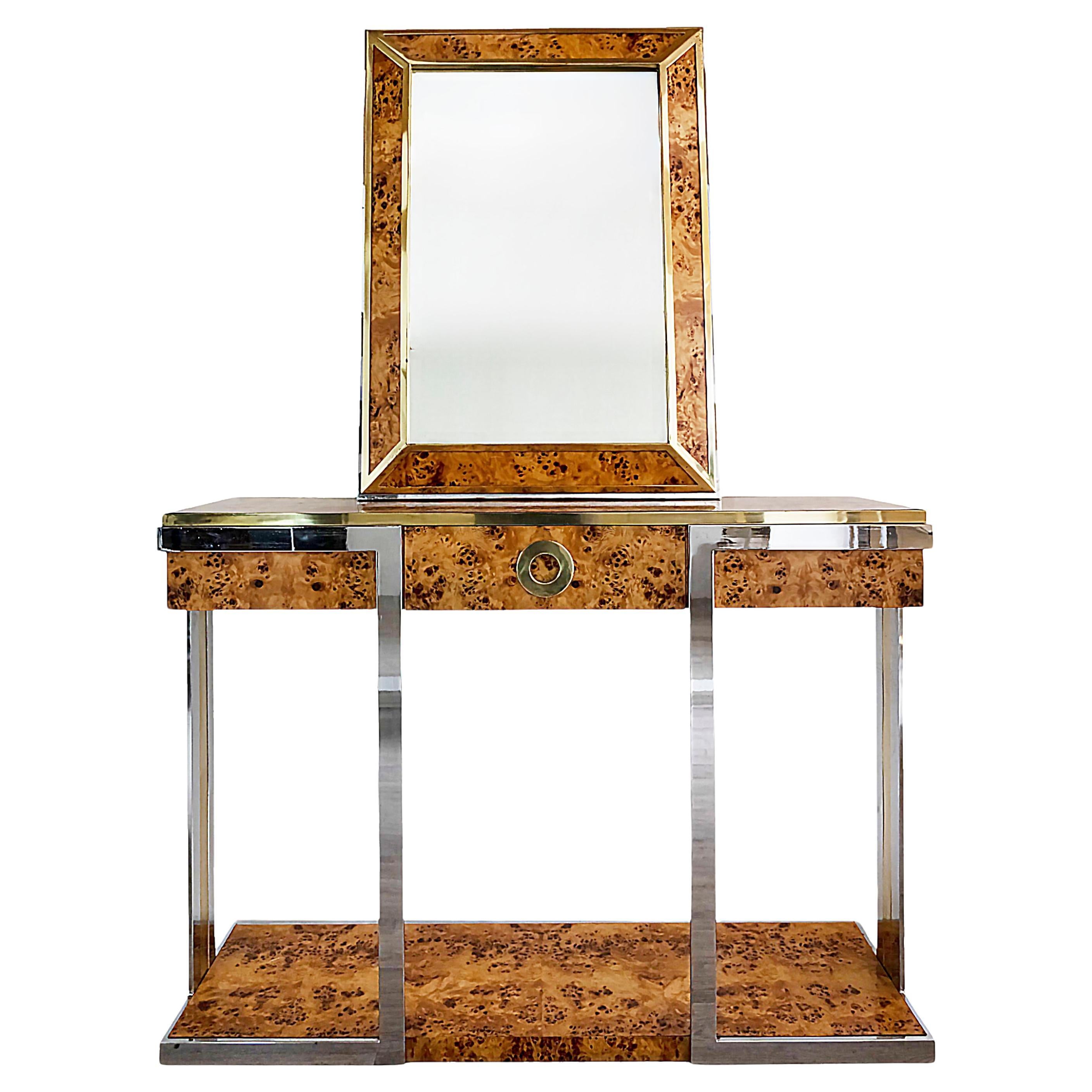 Mid-Century Italian Burl Console Table with Mirror by Willy Rizzo, 1970's For Sale