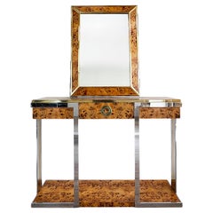 Mid-Century Italian Burl Console Table with Mirror by Willy Rizzo, 1970's