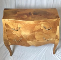 Mid Century Italian Burl Olive Wood Inlaid Bombe Commode Chest