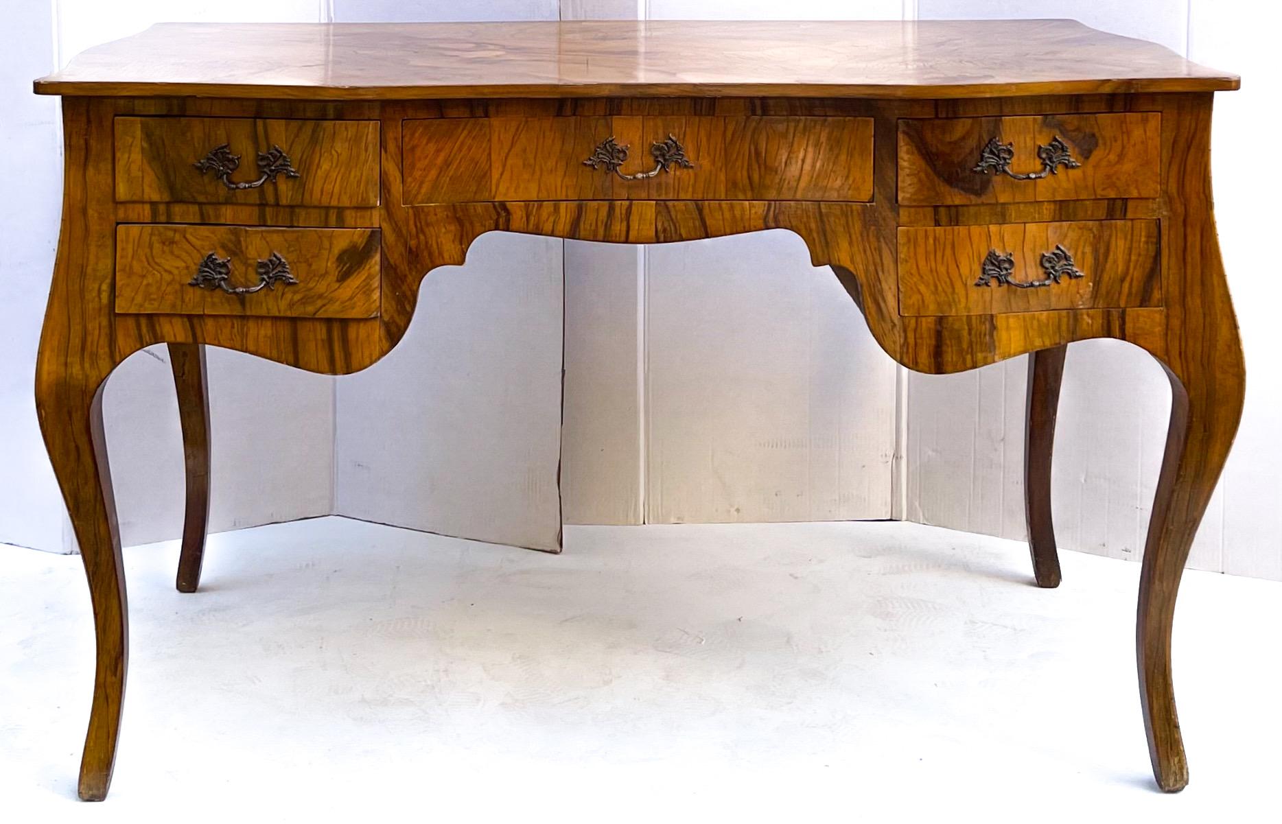 20th Century Mid-Century Italian Burl Wood / Olive Wood Louis XV Style Serpentine Desk