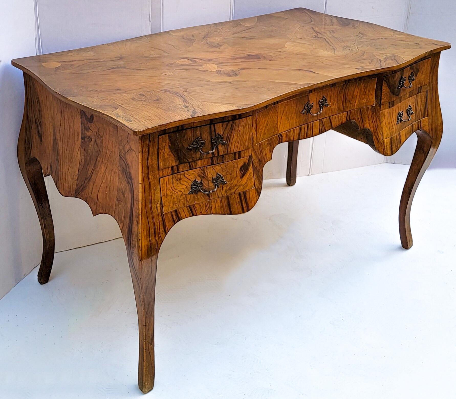 Brass Mid-Century Italian Burl Wood / Olive Wood Louis XV Style Serpentine Desk