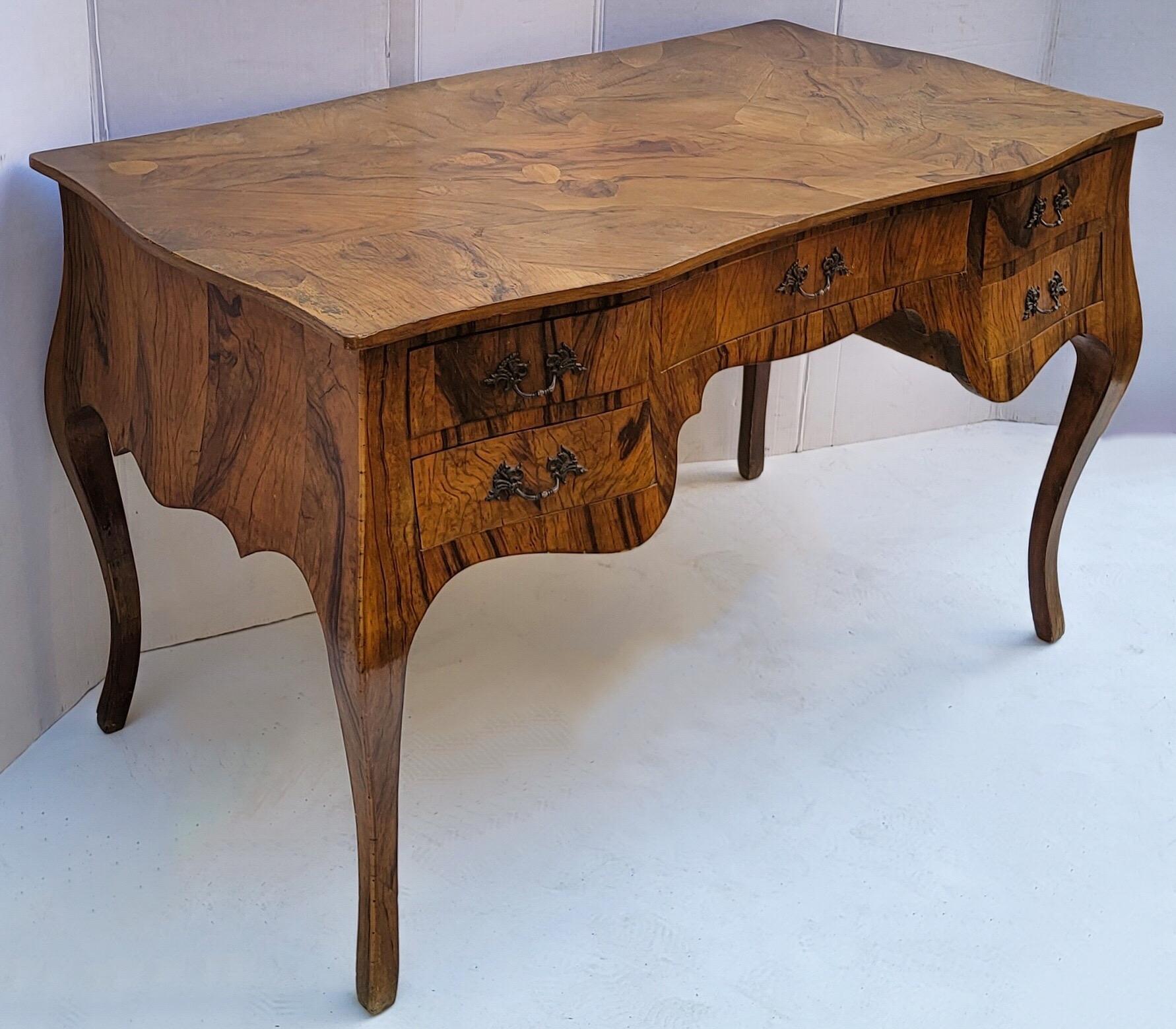 Mid-Century Italian Burl Wood / Olive Wood Louis XV Style Serpentine Desk 3