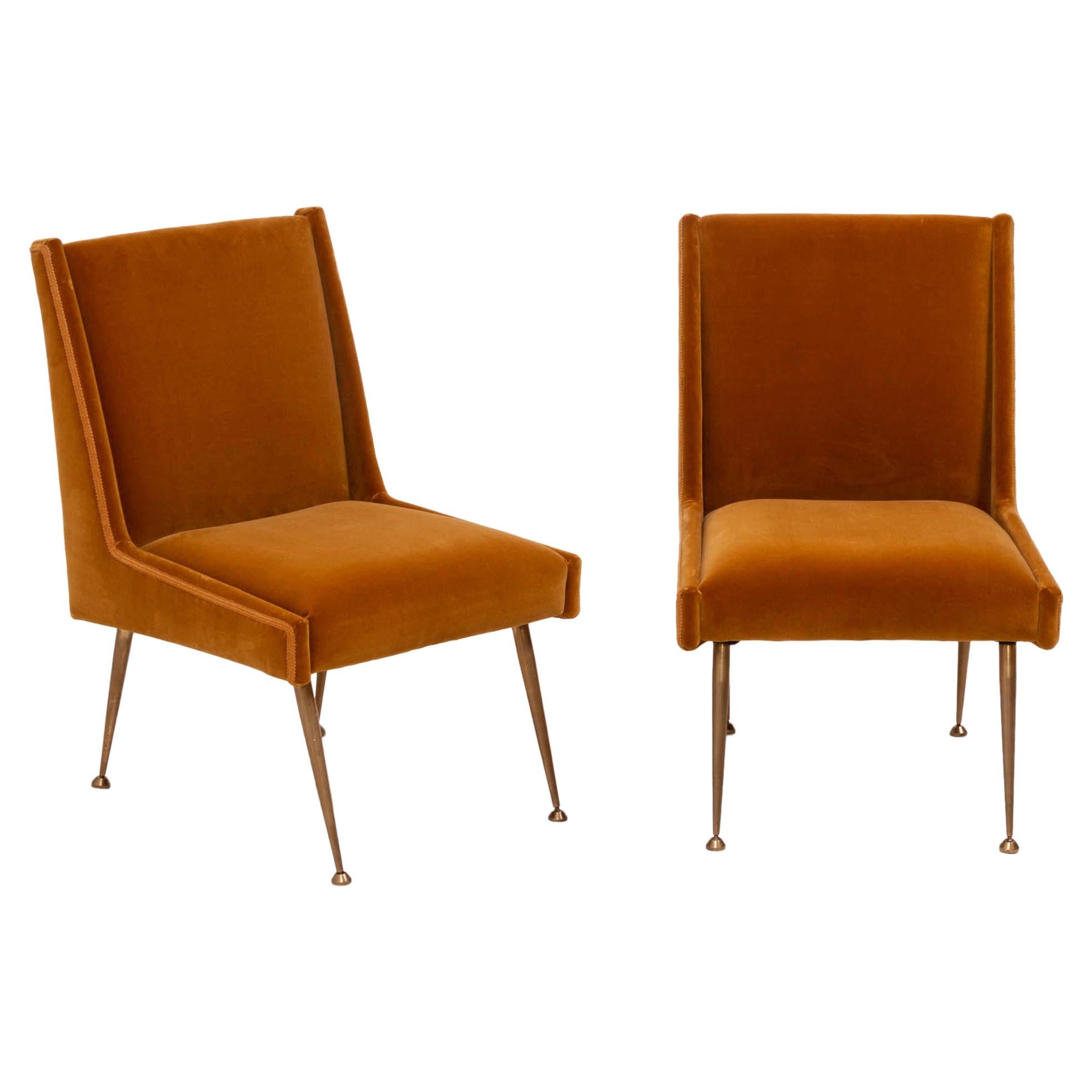 Mid Century Italian Burnt Orange Velvet and Brass Armchairs, Set of 2