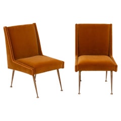 Mid Century Italian Burnt Orange Velvet and Brass Armchairs, Set of 2