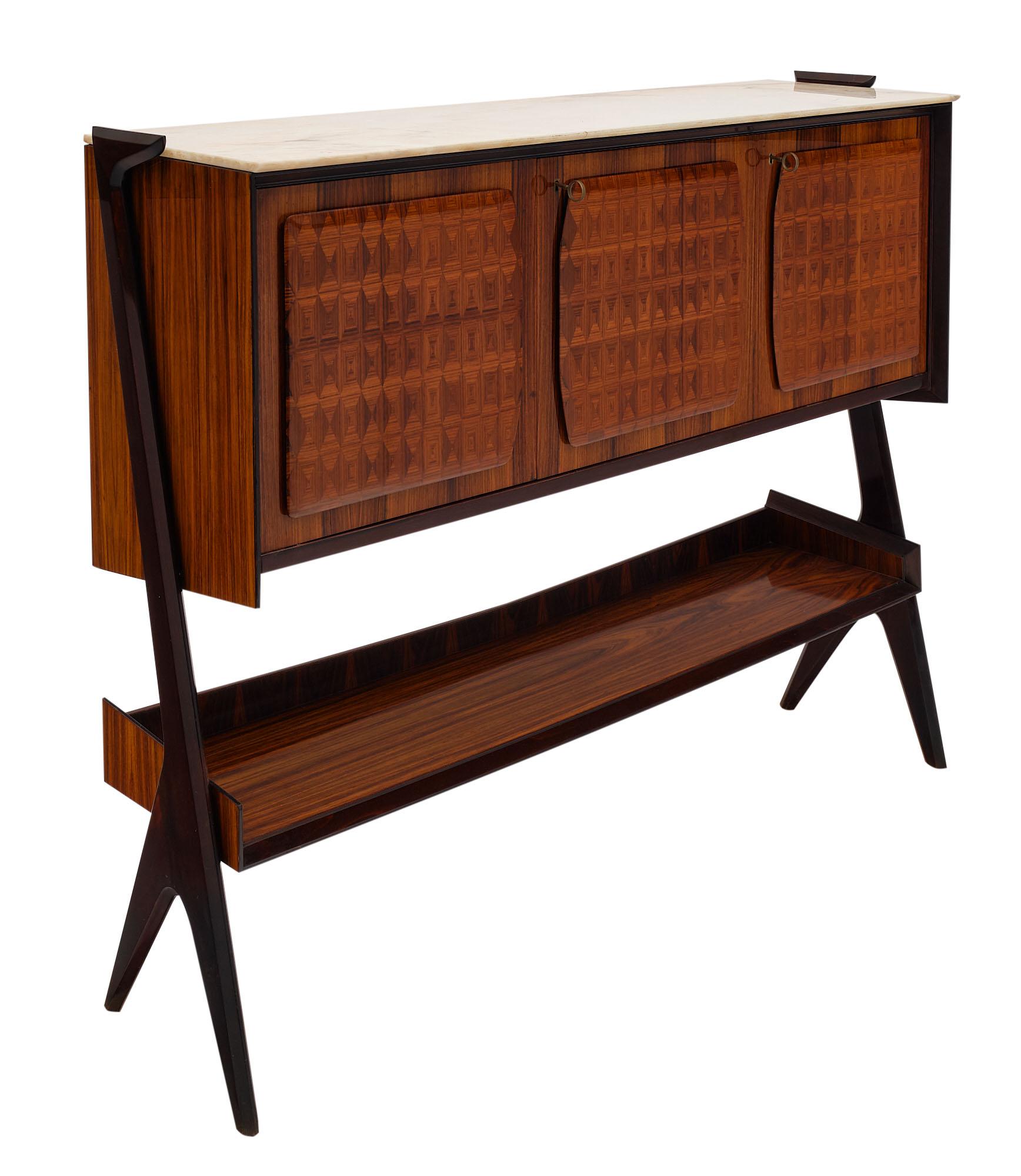 Buffet/bar from Italy by Osvaldo Borsani. This piece is made of rosewood and parqueted rosewood with lemon wood interiors. It has an adjustable shelf and dovetailed drawers. This elegant cabinet is finished with a lustrous French polish. There is a