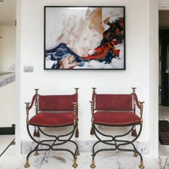 Mid-Century Italian Campaign Style Iron & Brass Savonarola Chairs - Pair