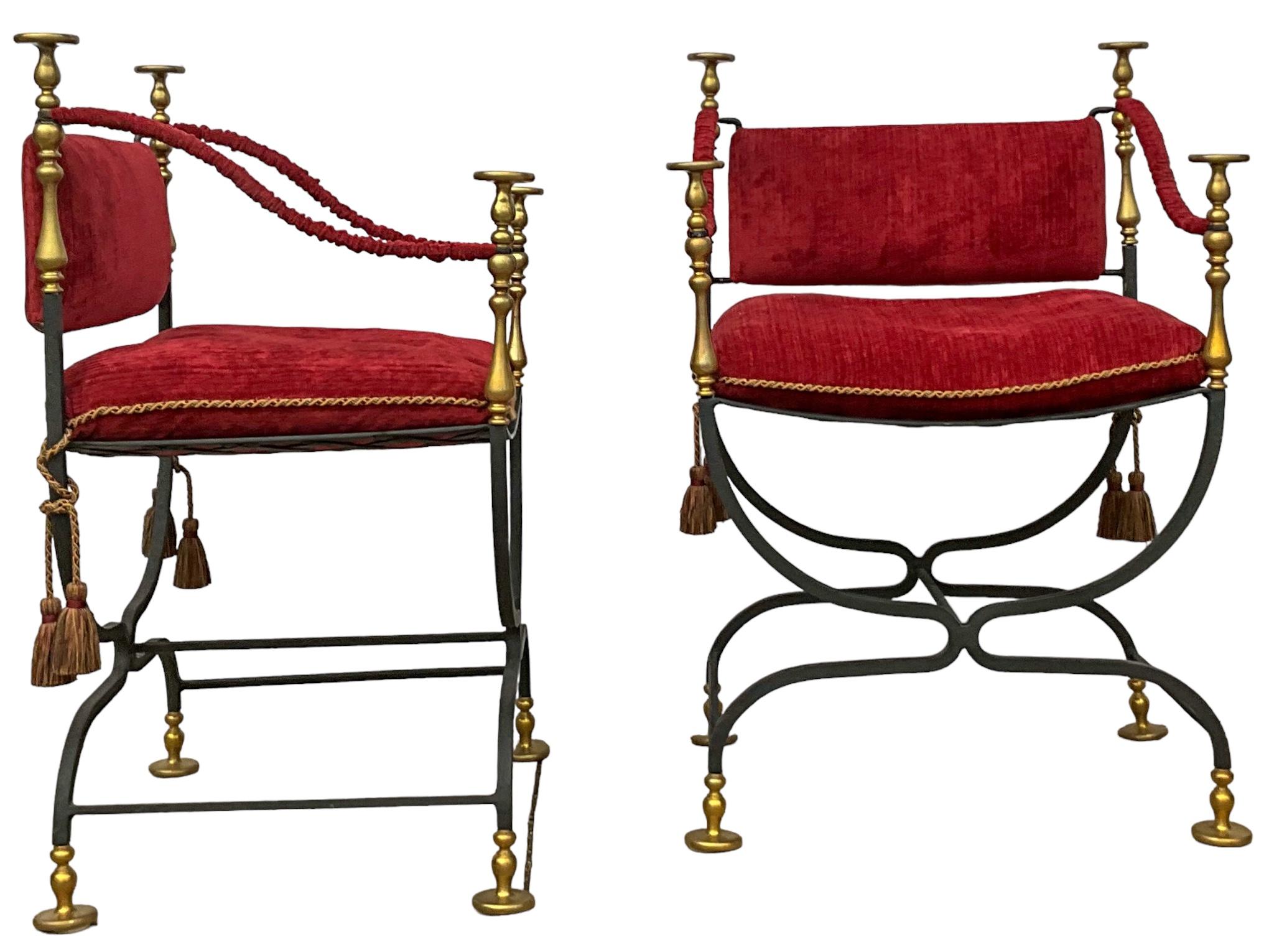 Mid-Century Italian Campaign Style Iron & Brass Savonarola Chairs - Pair In Good Condition In Kennesaw, GA