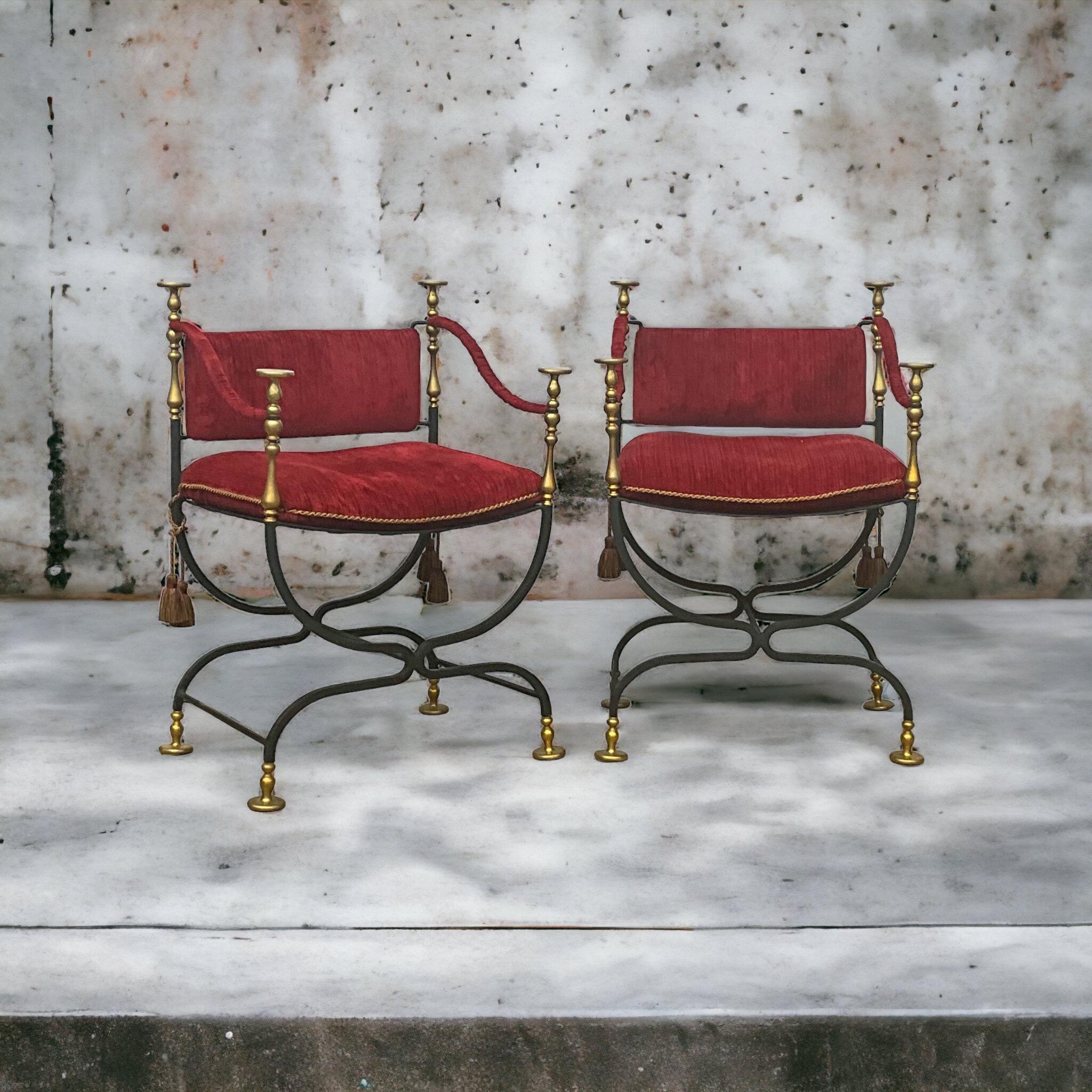 20th Century Mid-Century Italian Campaign Style Iron & Brass Savonarola Chairs - Pair