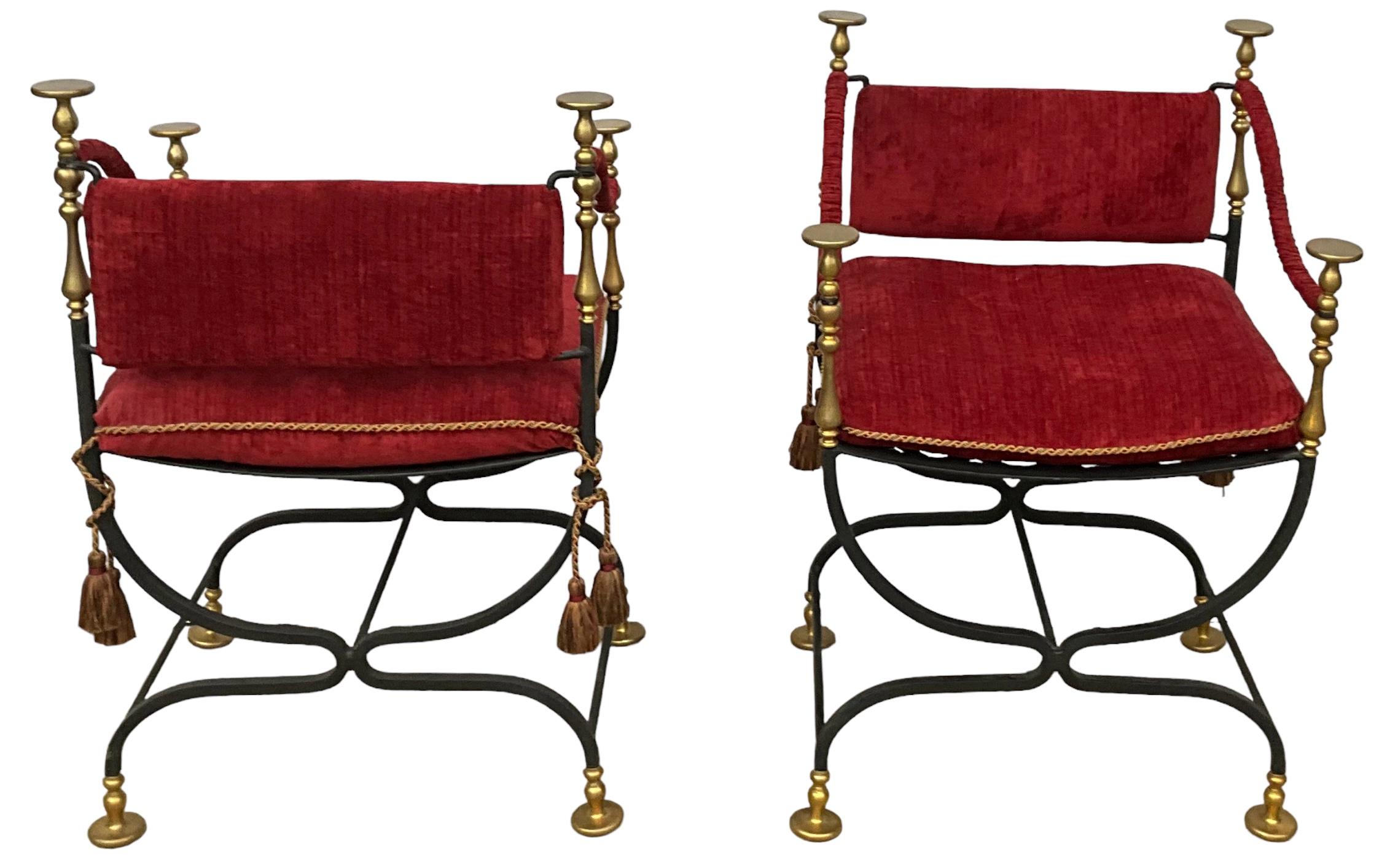 Mid-Century Italian Campaign Style Iron & Brass Savonarola Chairs - Pair 1