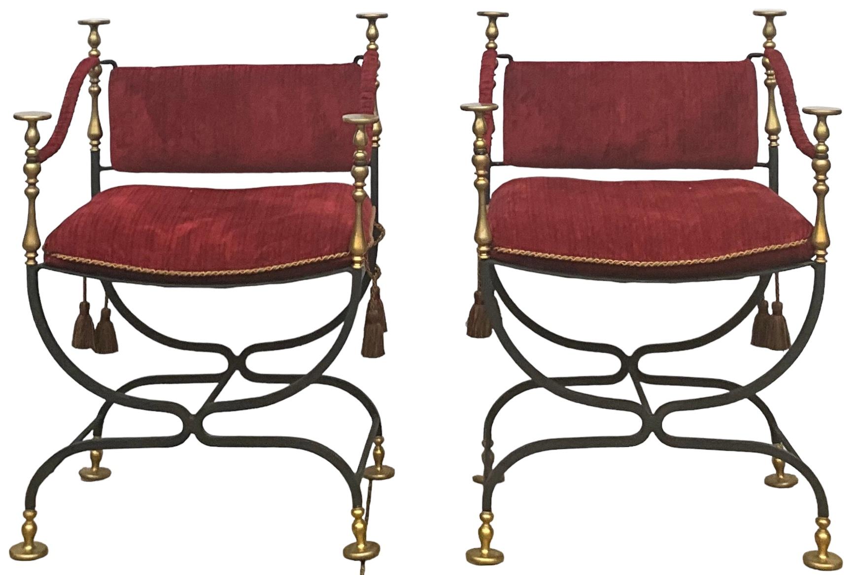 Mid-Century Italian Campaign Style Iron & Brass Savonarola Chairs - Pair 2