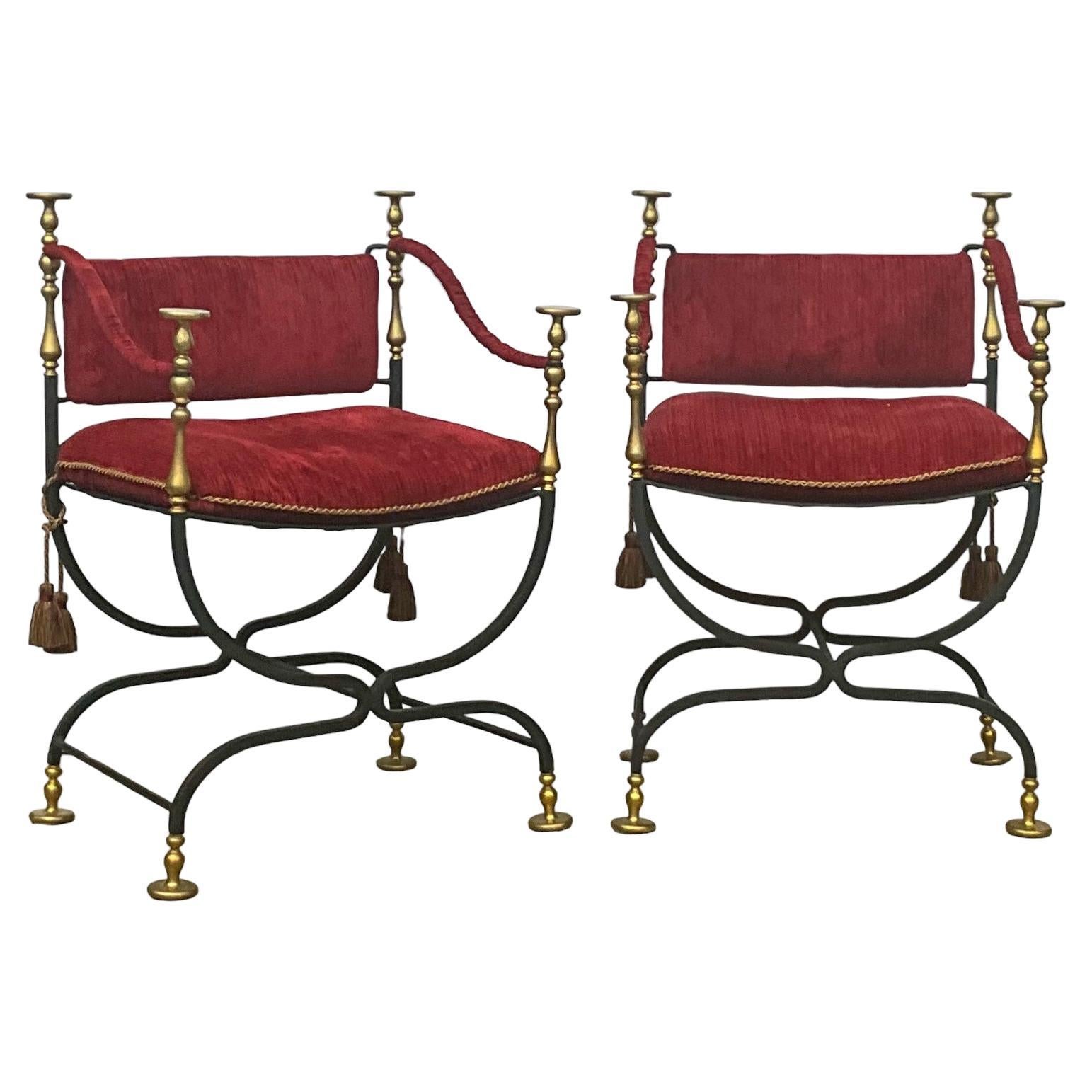 Mid-Century Italian Campaign Style Iron & Brass Savonarola Chairs - Pair