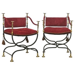 Retro Mid-Century Italian Campaign Style Iron & Brass Savonarola Chairs - Pair