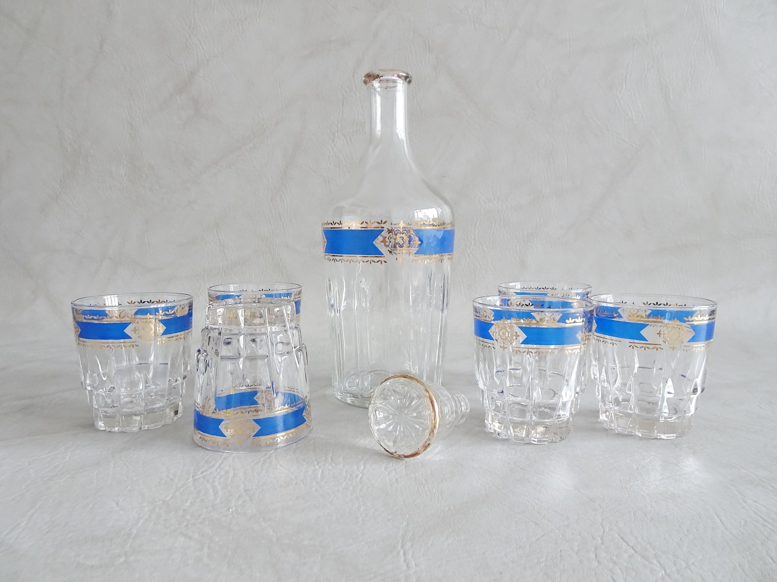 Gilt Mid Century Italian Carafe Glass Liquor Bar Set Tray For Sale