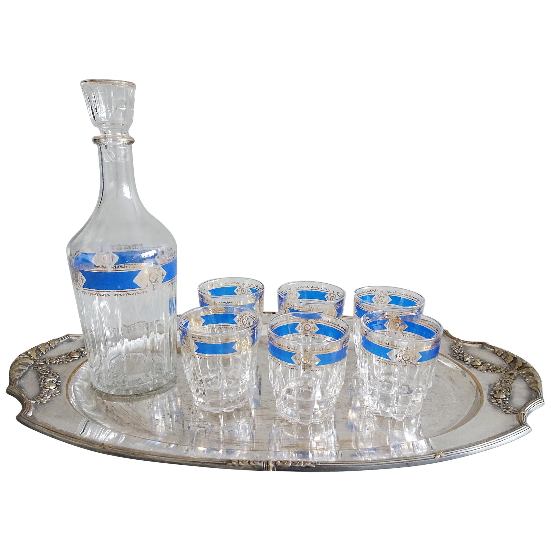 Mid Century Italian Carafe Glass Liquor Bar Set Tray For Sale