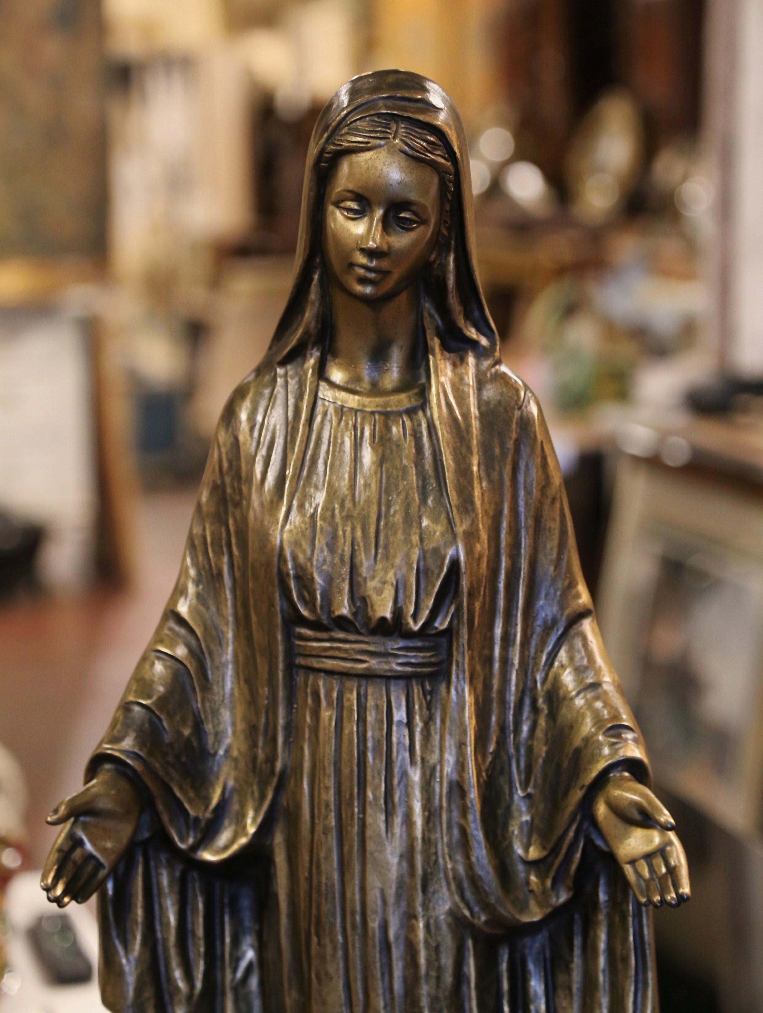 Hand-Carved Mid-Century Italian Carved Bronze Virgin Mary Statue Standing on Globe