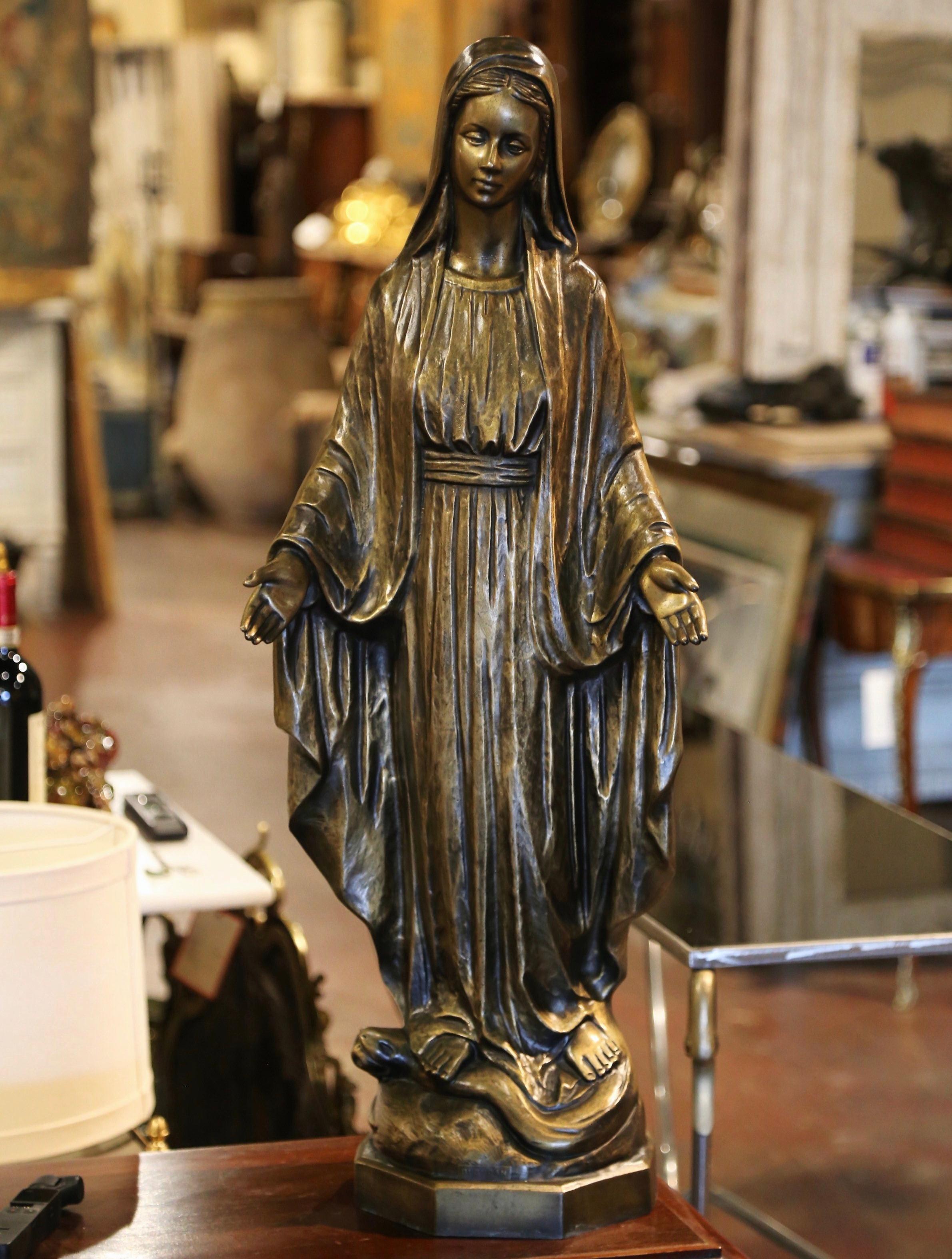 20th Century Mid-Century Italian Carved Bronze Virgin Mary Statue Standing on Globe