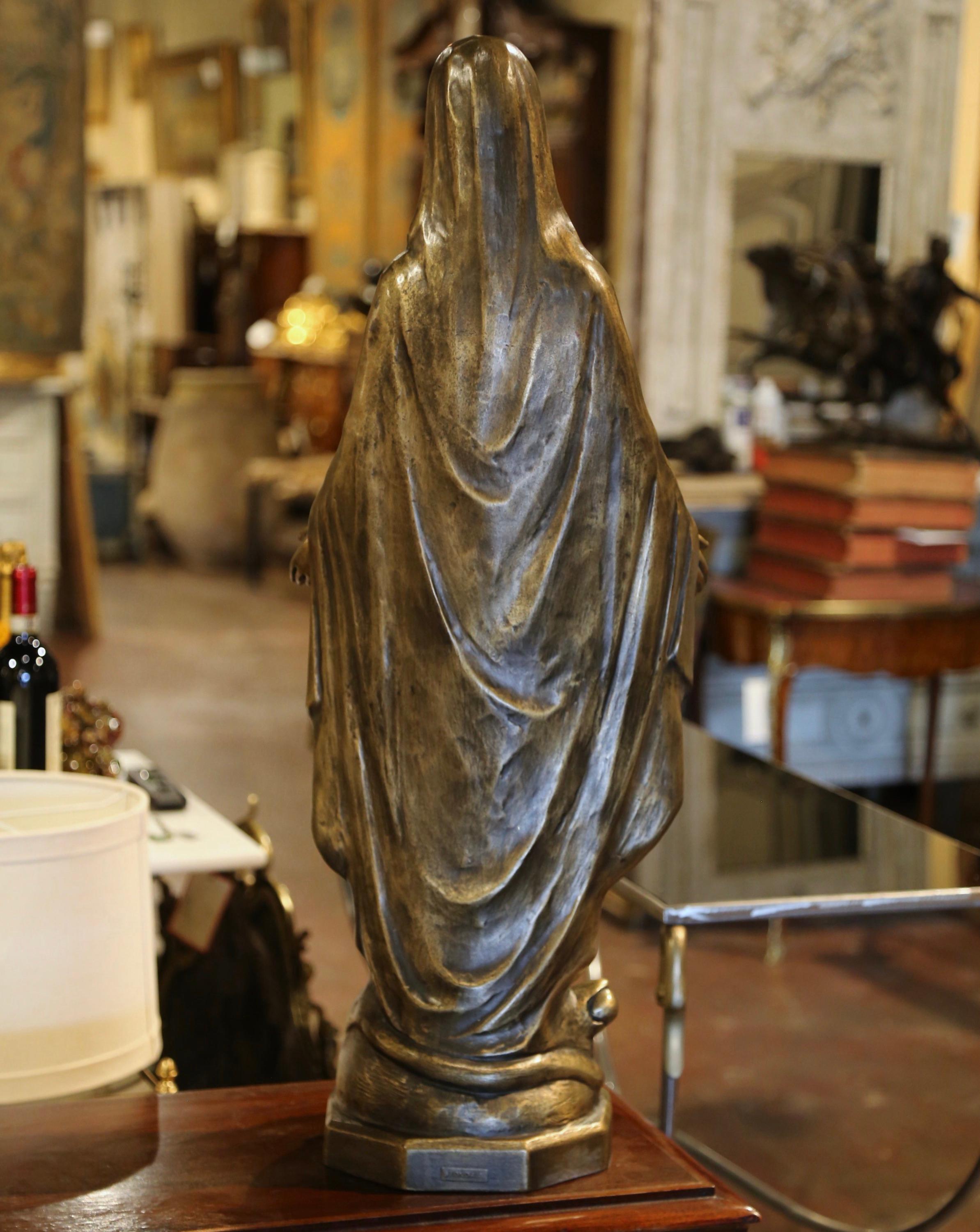 Mid-Century Italian Carved Bronze Virgin Mary Statue Standing on Globe 2
