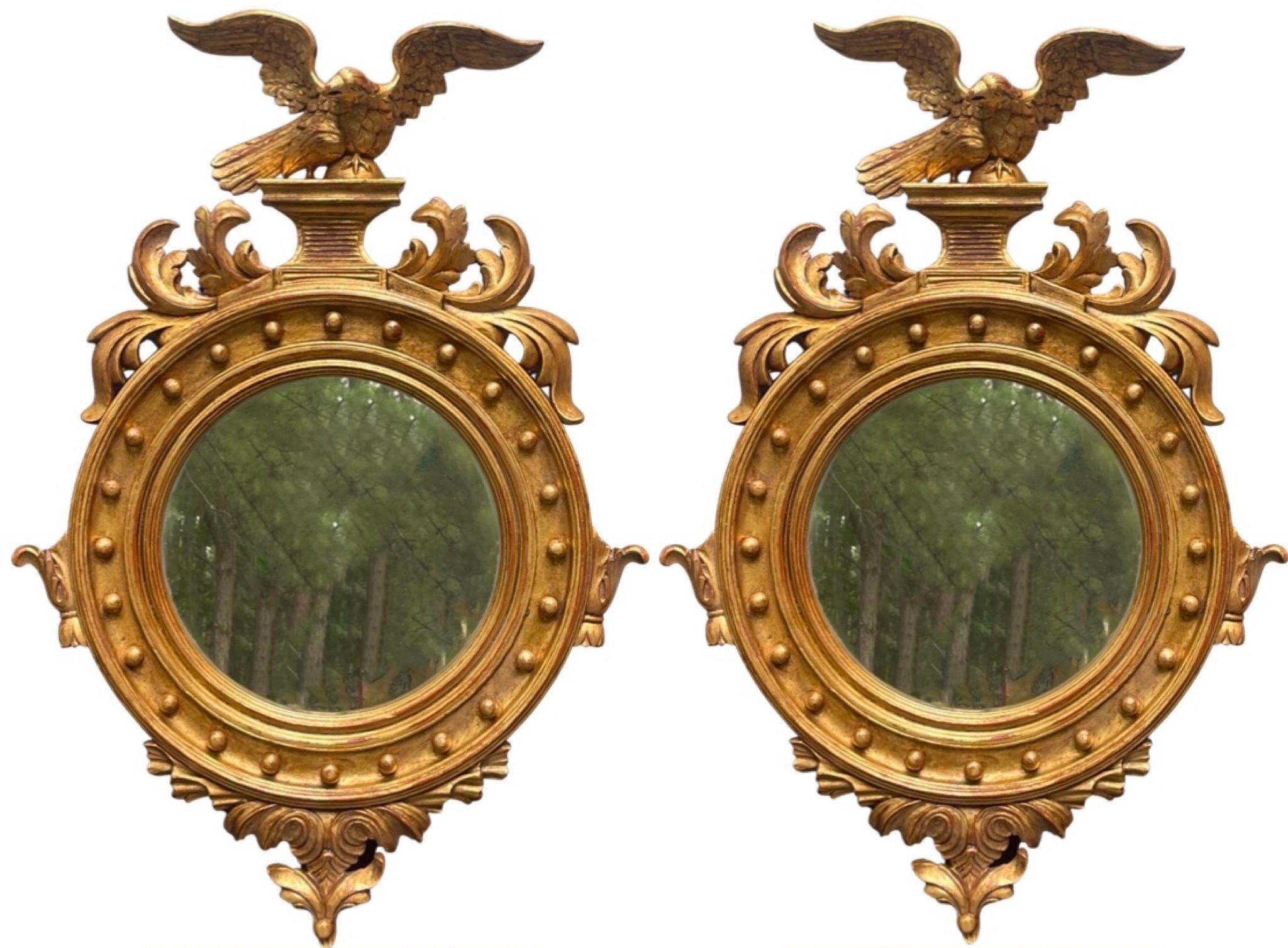 20th Century Mid-Century Italian Carved Eagle Giltwood Federal Style Mirrors, Pair For Sale