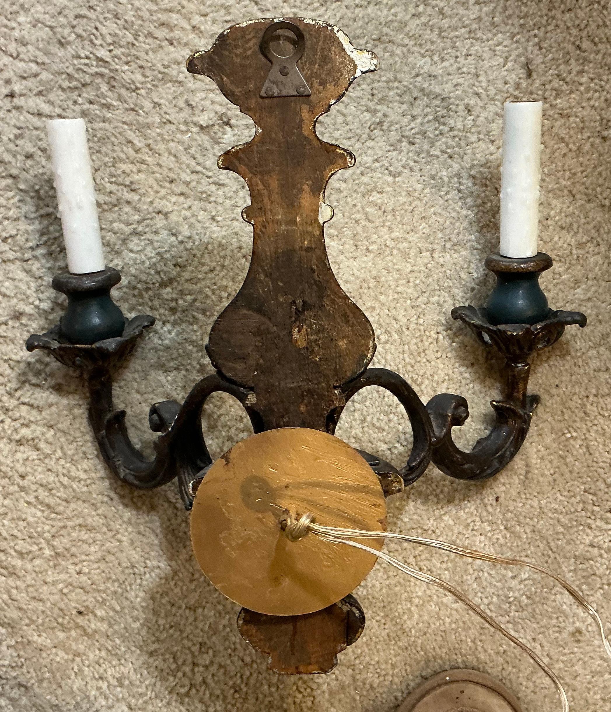 Rococo Mid-Century Italian Carved Giltwood Blue Painted Sconces W/ French Styling -Pair For Sale