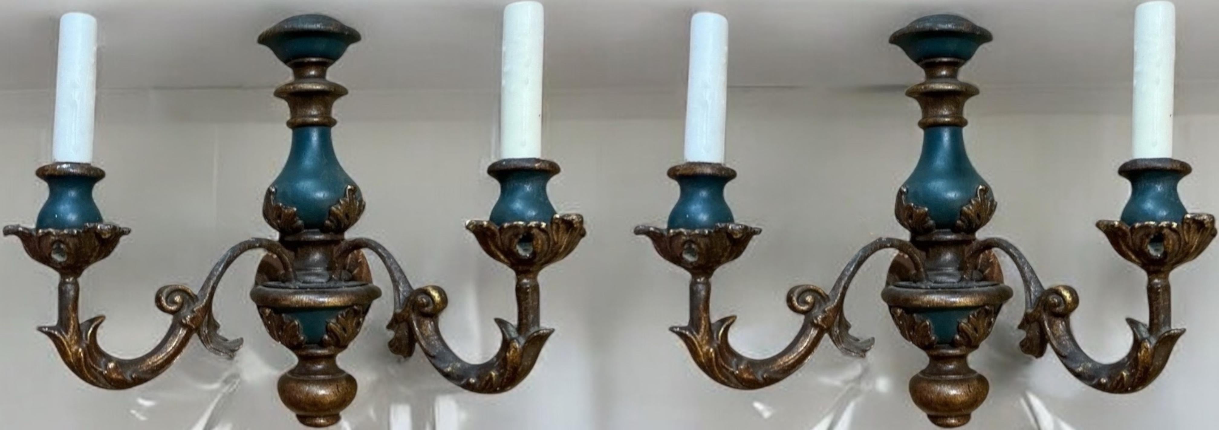 20th Century Mid-Century Italian Carved Giltwood Blue Painted Sconces W/ French Styling -Pair For Sale