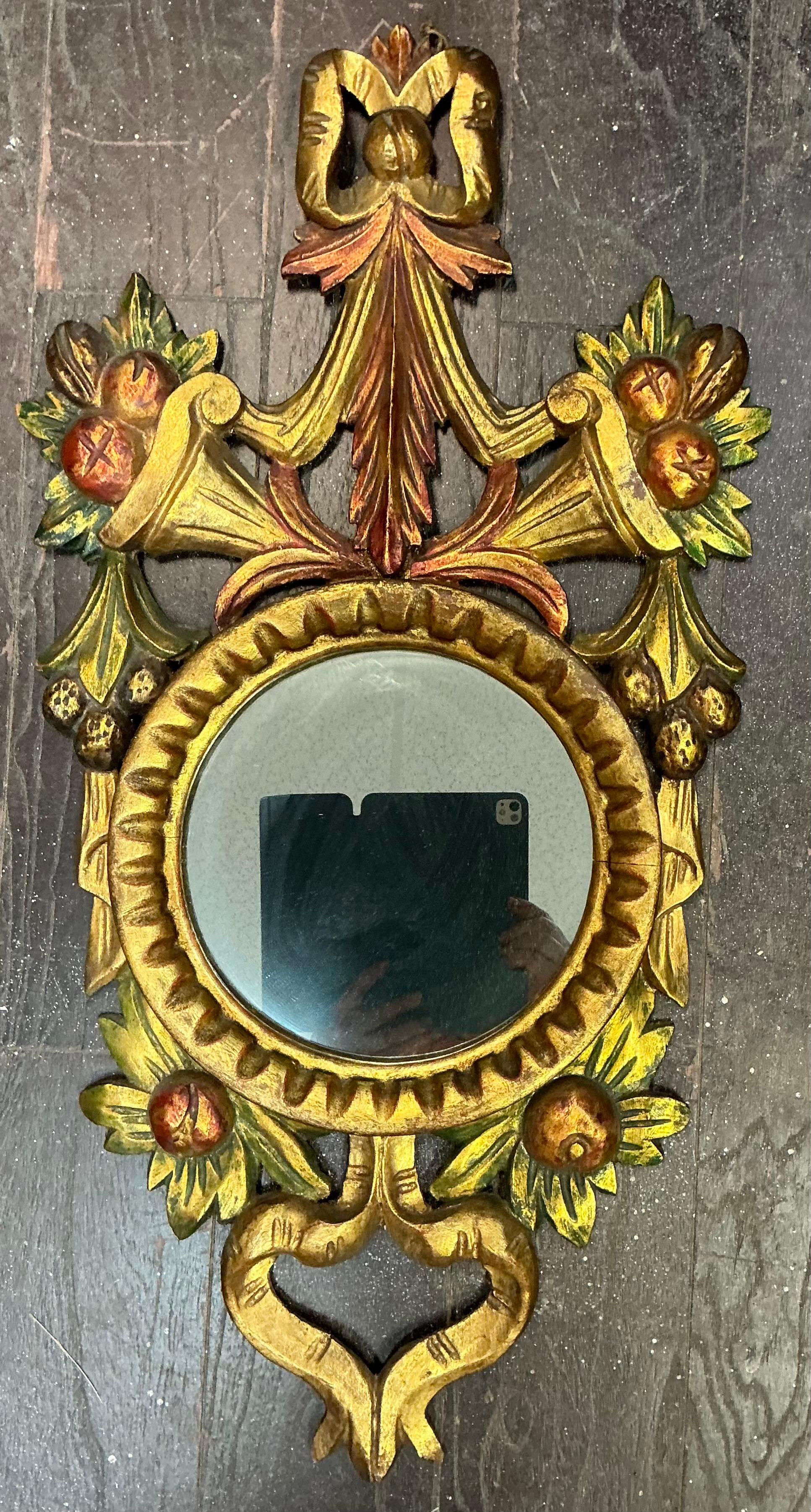 Mid-Century Italian Carved Giltwood & Painted Fruit And Ribbon Wall Mirror In Good Condition For Sale In Kennesaw, GA